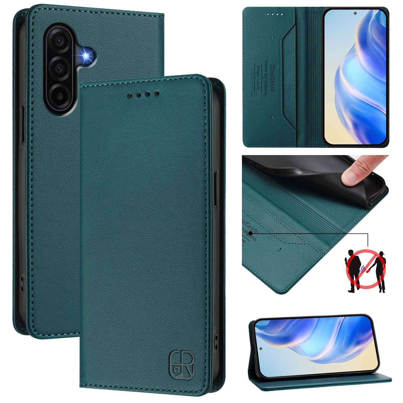 For Samsung Galaxy A57 5G Leather Case RINACASIS RC01 Phone Cover with RFID Blocking Wallet Stand - Dark Green