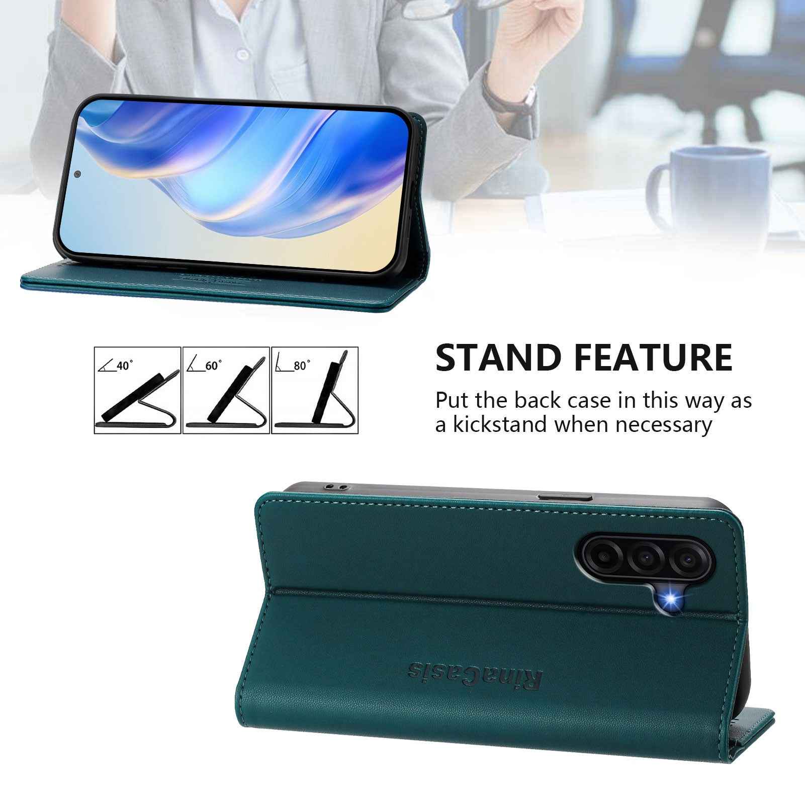 For Samsung Galaxy A57 5G Leather Case RINACASIS RC01 Phone Cover with RFID Blocking Wallet Stand - Dark Green