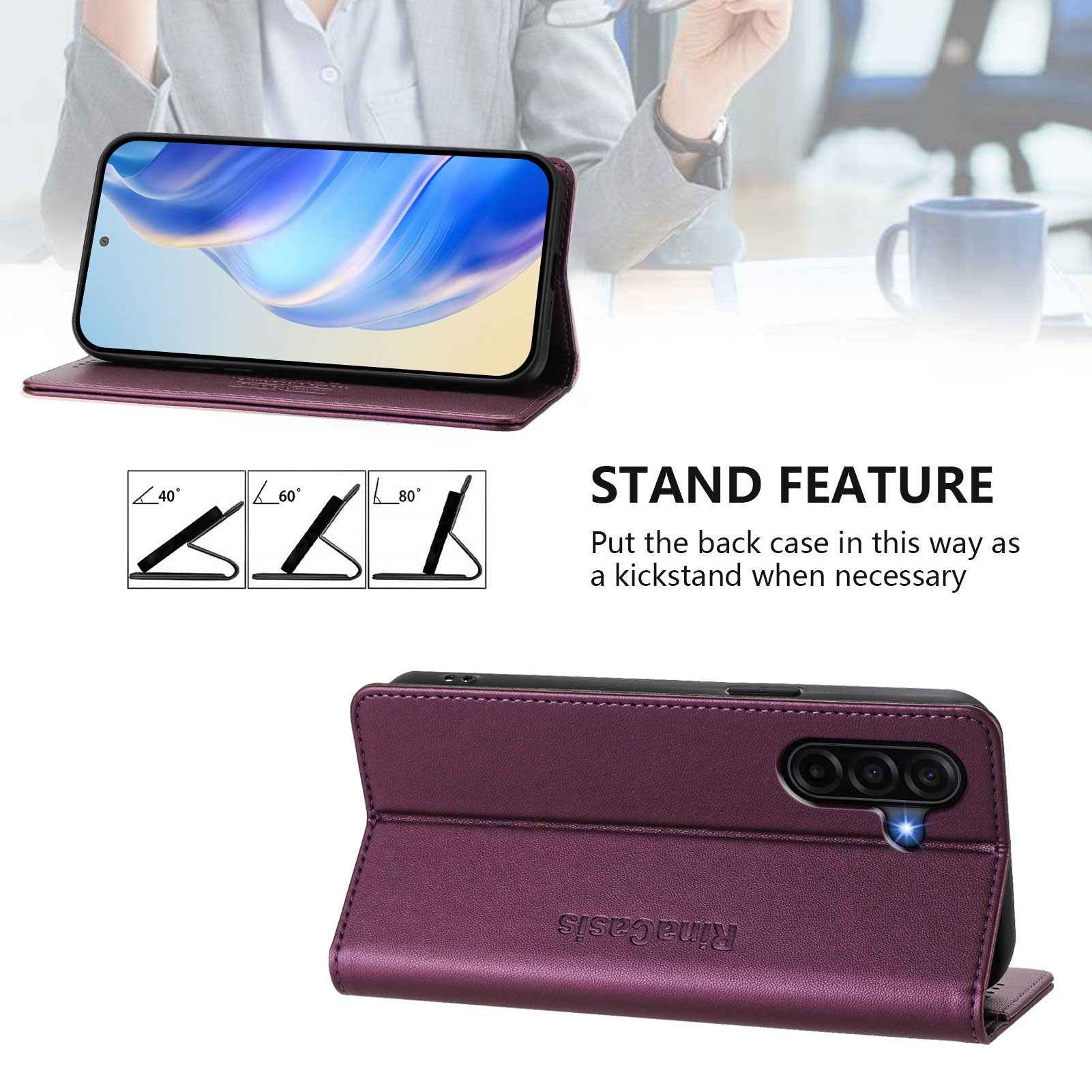 For Samsung Galaxy A57 5G Leather Case RINACASIS RC01 Phone Cover with RFID Blocking Wallet Stand - Violet