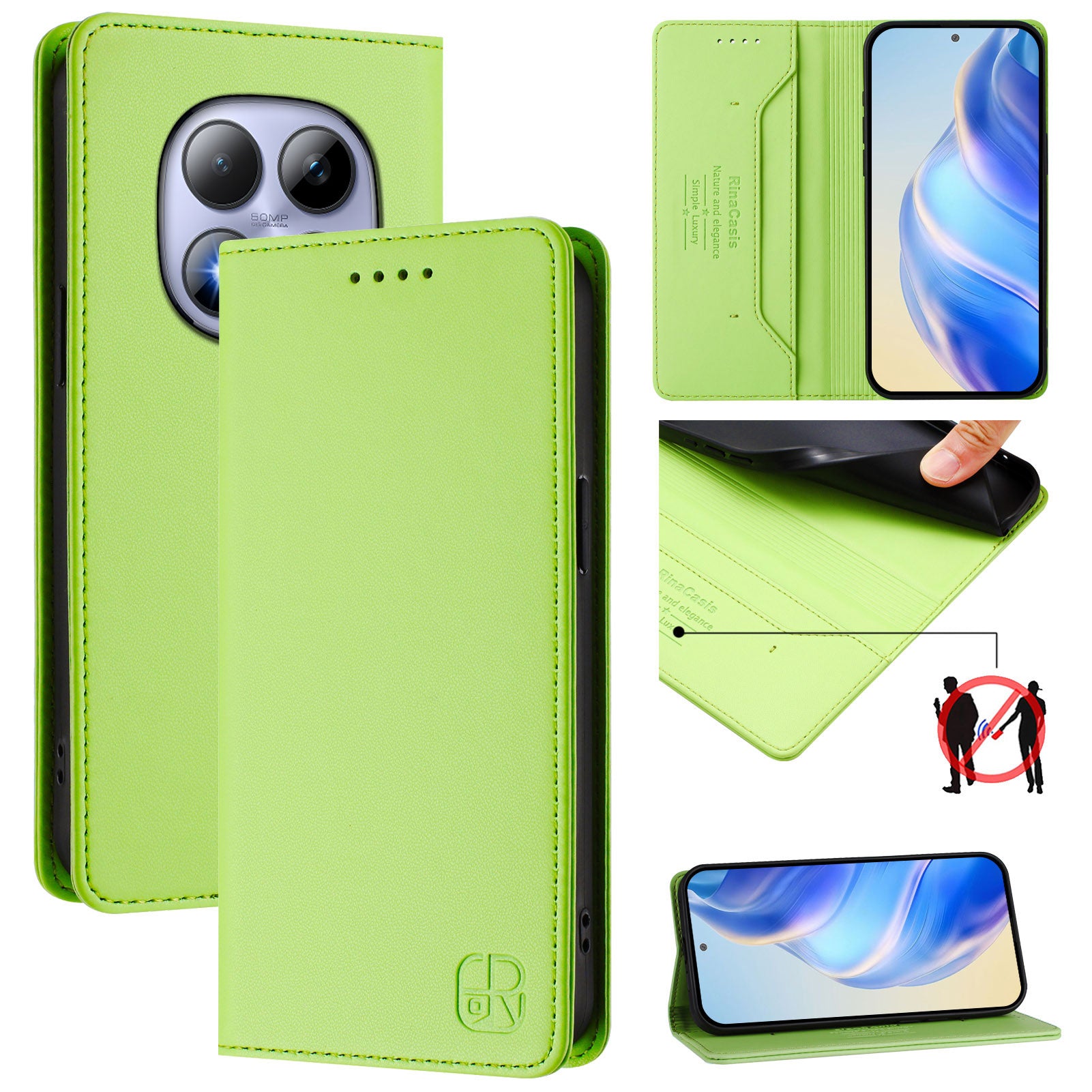 For Xiaomi Redmi Note 15 Pro 4G (Global) Leather Case RINACASIS RC01 Phone Cover with RFID Blocking Wallet Stand - Green