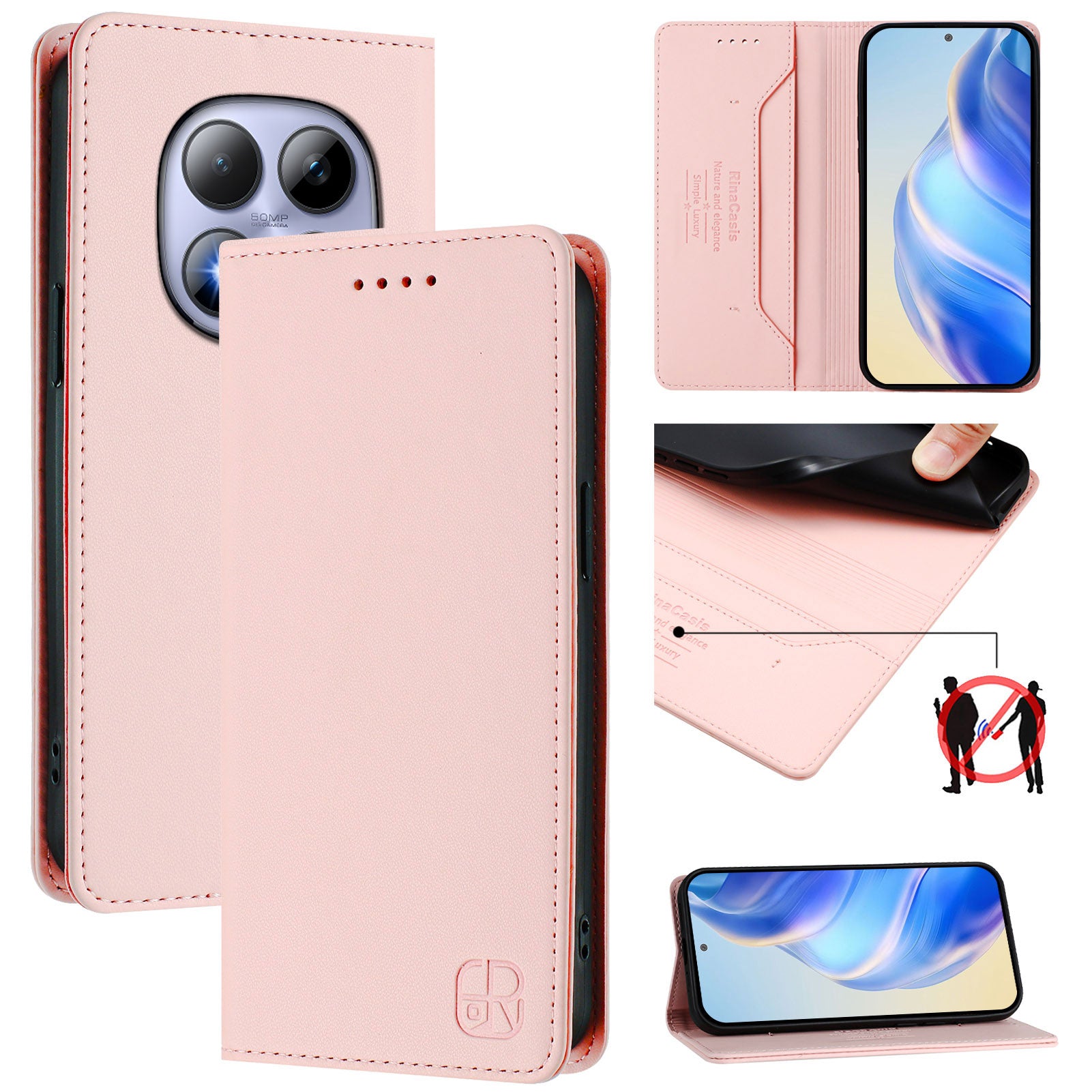 For Xiaomi Redmi Note 15 Pro 4G (Global) Leather Case RINACASIS RC01 Phone Cover with RFID Blocking Wallet Stand - Pink