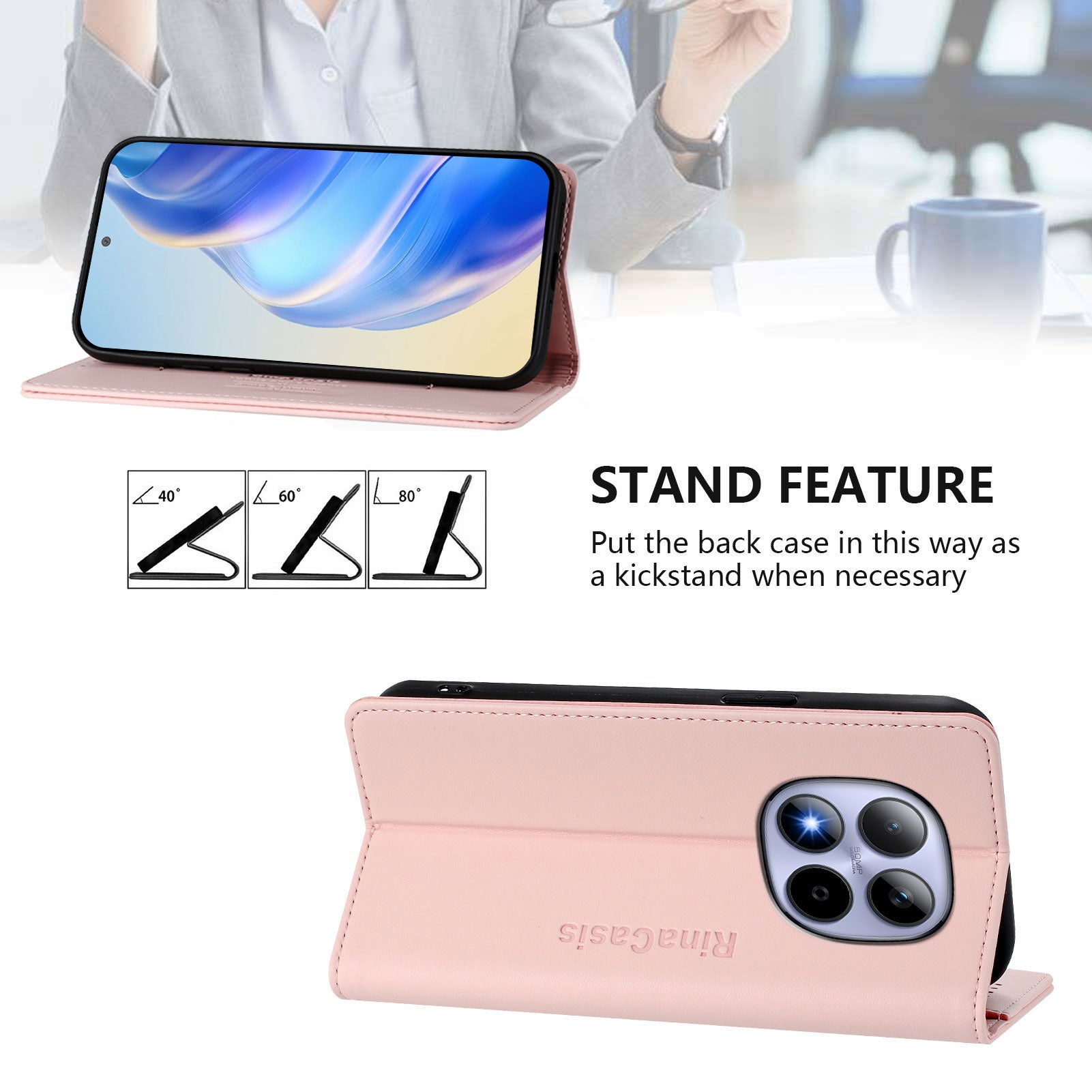 For Xiaomi Redmi Note 15 Pro 4G (Global) Leather Case RINACASIS RC01 Phone Cover with RFID Blocking Wallet Stand - Pink