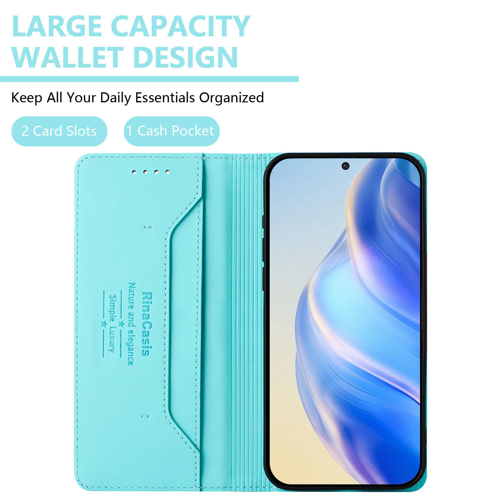 For Xiaomi Redmi Note 15 Pro 4G (Global) Leather Case RINACASIS RC01 Phone Cover with RFID Blocking Wallet Stand - Mint Green