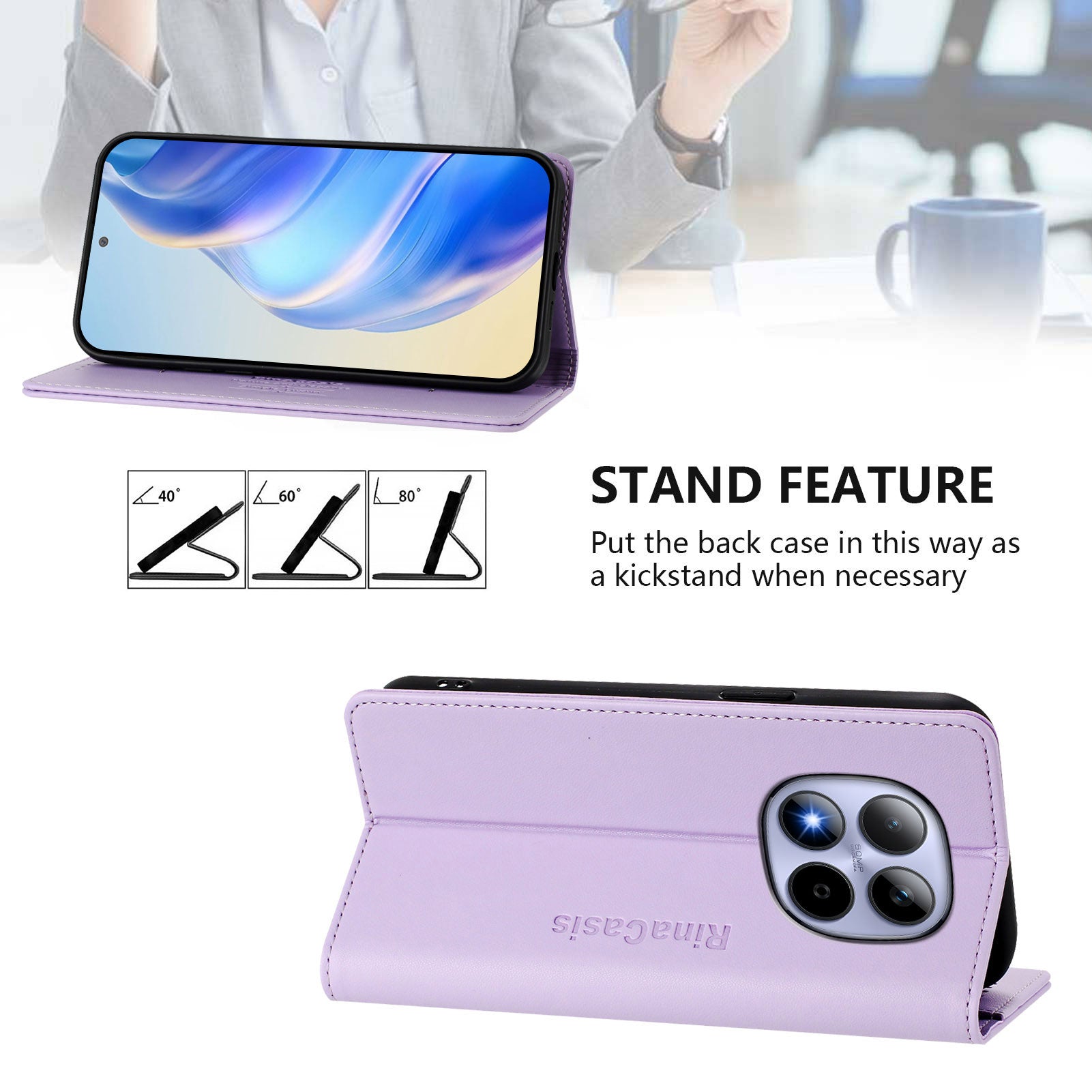 For Xiaomi Redmi Note 15 Pro 4G (Global) Leather Case RINACASIS RC01 Phone Cover with RFID Blocking Wallet Stand - Light Purple