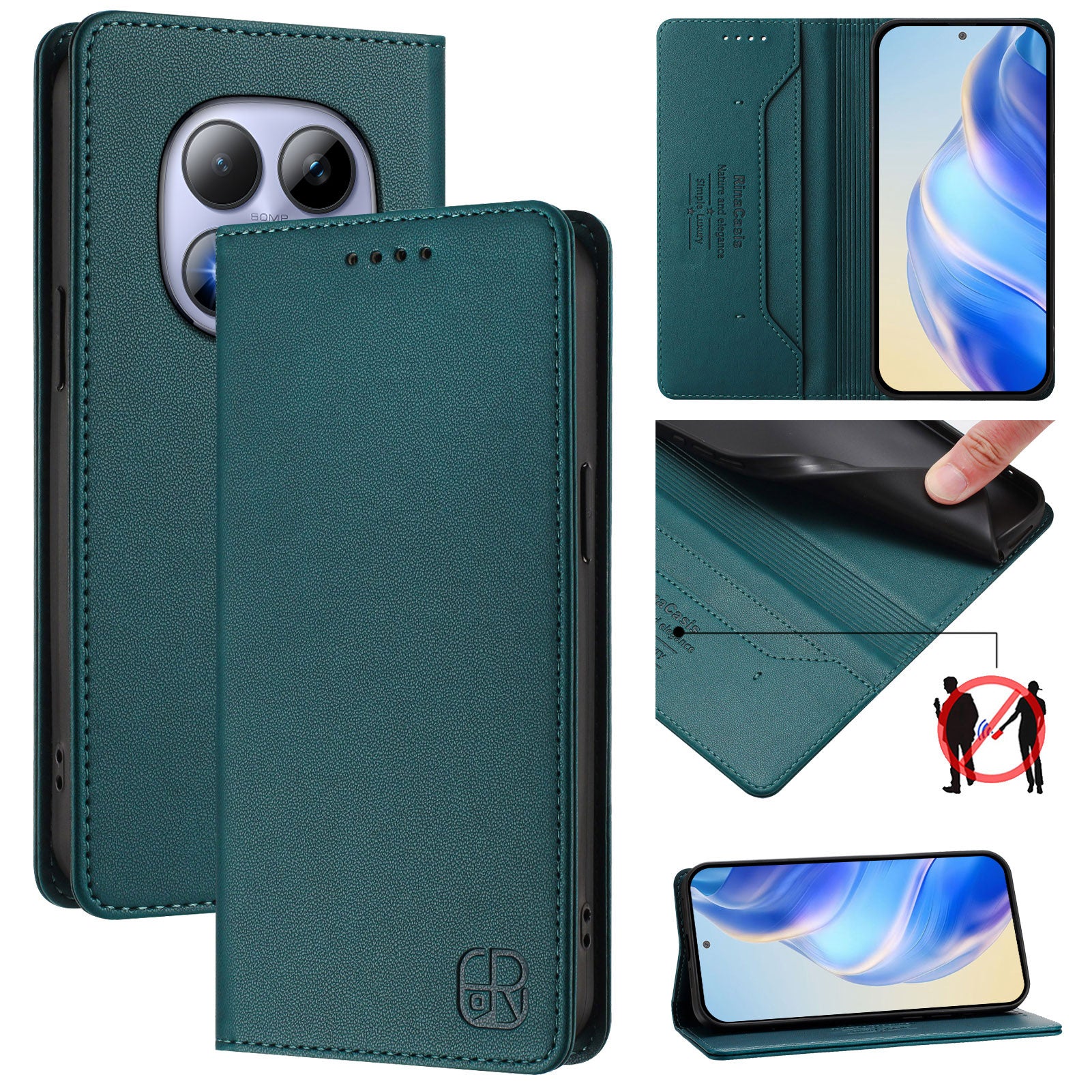 For Xiaomi Redmi Note 15 Pro 4G (Global) Leather Case RINACASIS RC01 Phone Cover with RFID Blocking Wallet Stand - Dark Green