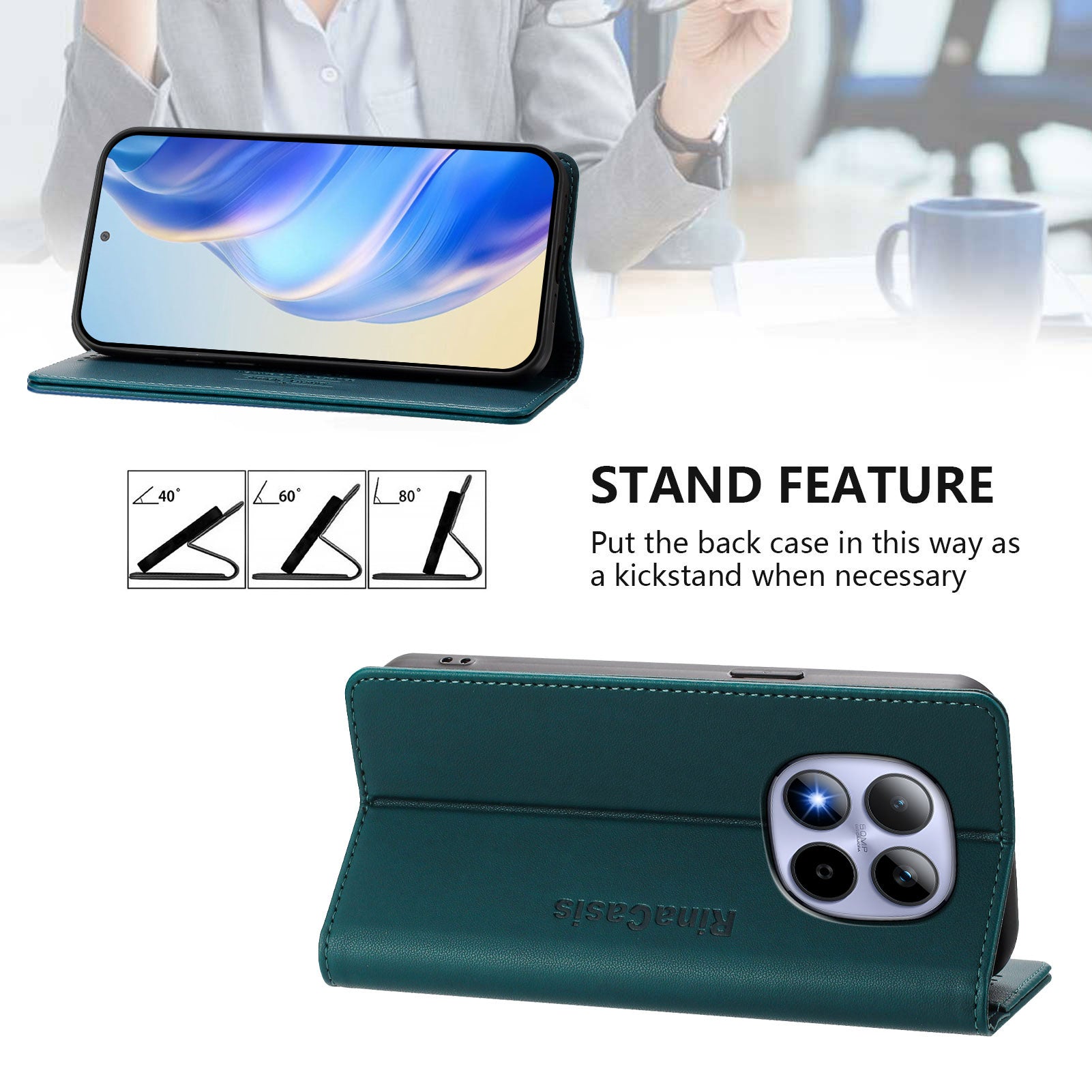 For Xiaomi Redmi Note 15 Pro 4G (Global) Leather Case RINACASIS RC01 Phone Cover with RFID Blocking Wallet Stand - Dark Green