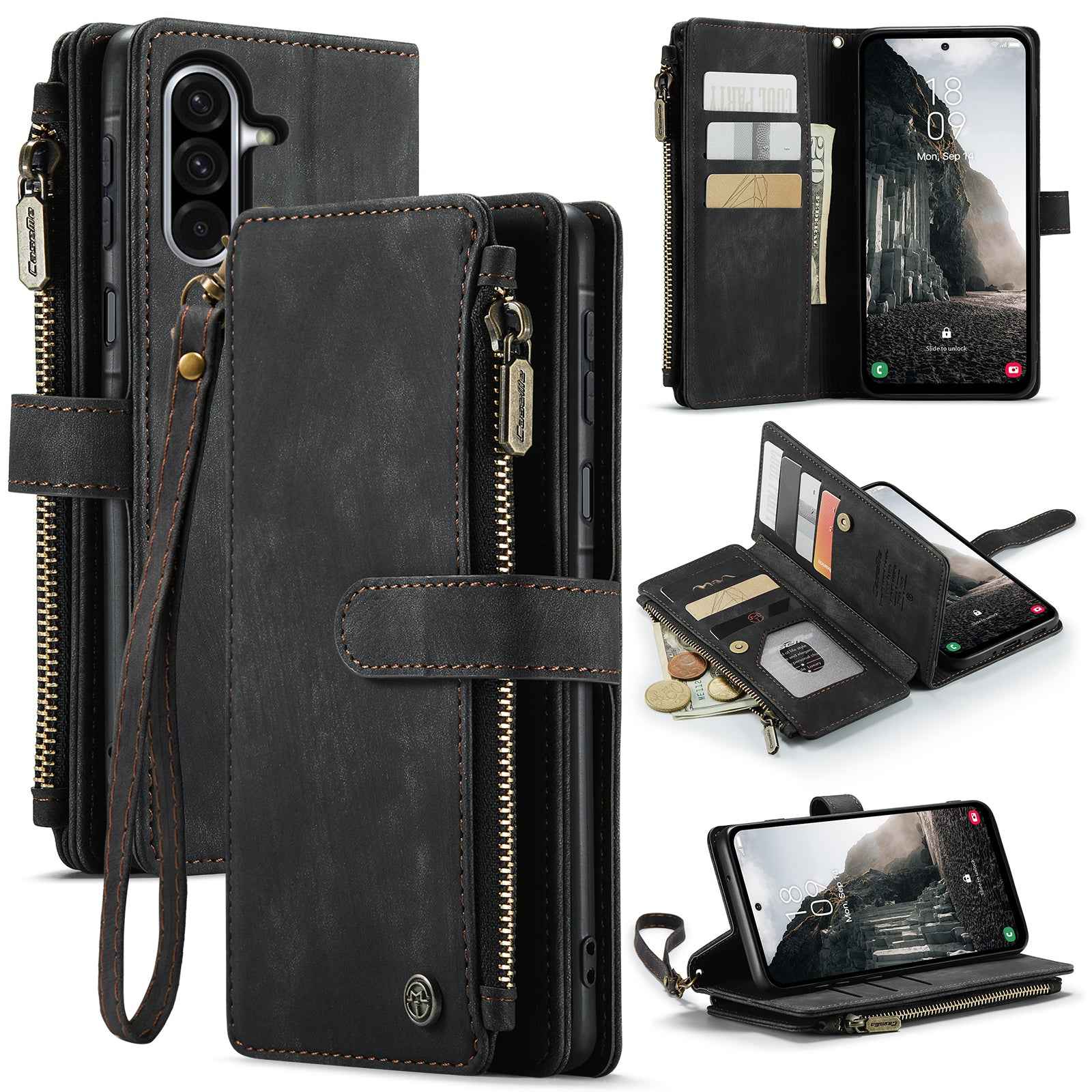 For Samsung Galaxy A57 5G Phone Cases with Strap CASEME C30 Zipper Multiple Card Holder PU Leather Cover - Black