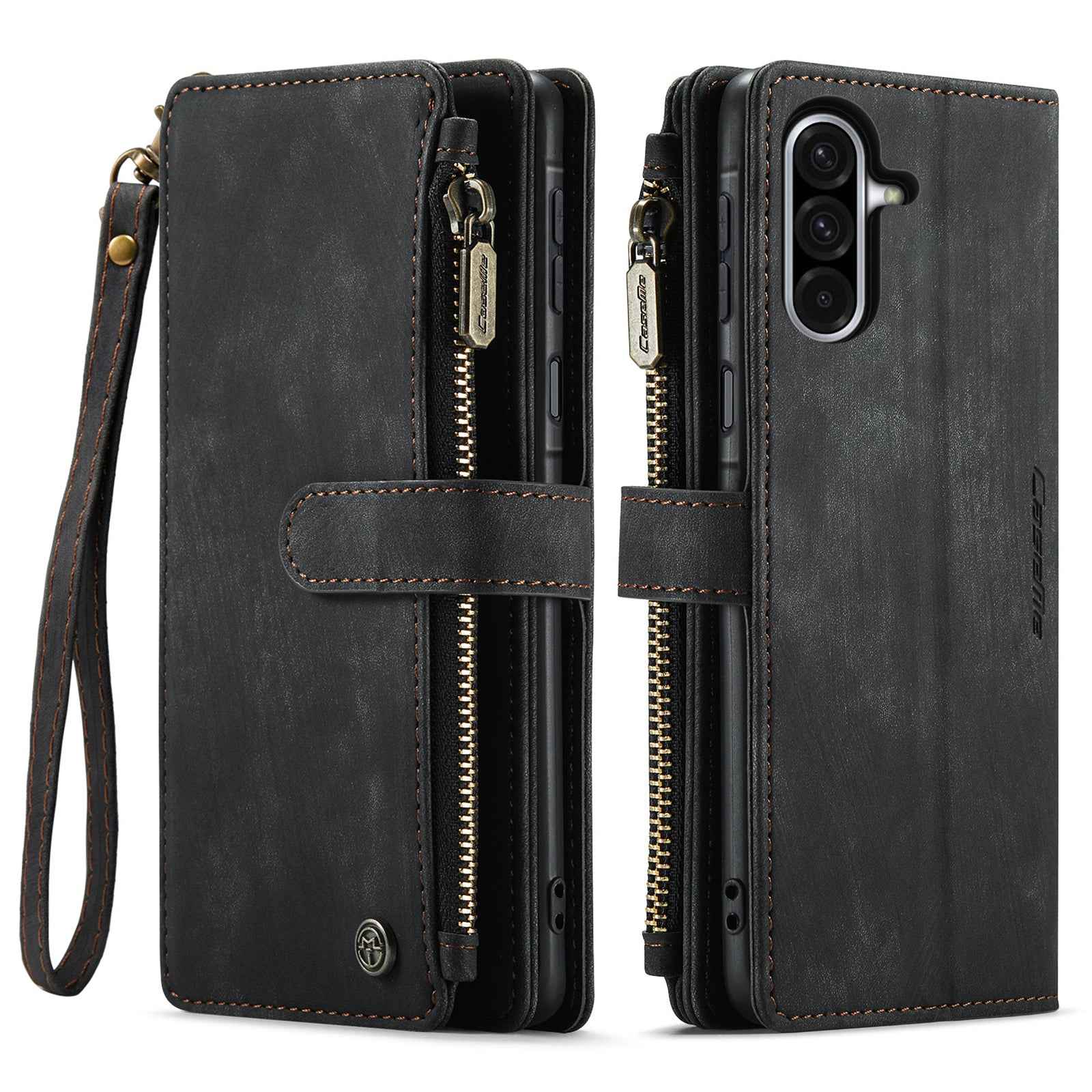 For Samsung Galaxy A57 5G Phone Cases with Strap CASEME C30 Zipper Multiple Card Holder PU Leather Cover - Black
