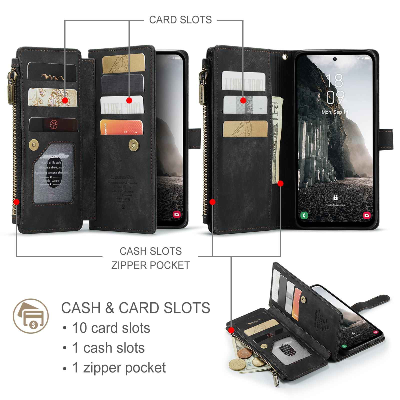 For Samsung Galaxy A57 5G Phone Cases with Strap CASEME C30 Zipper Multiple Card Holder PU Leather Cover - Black
