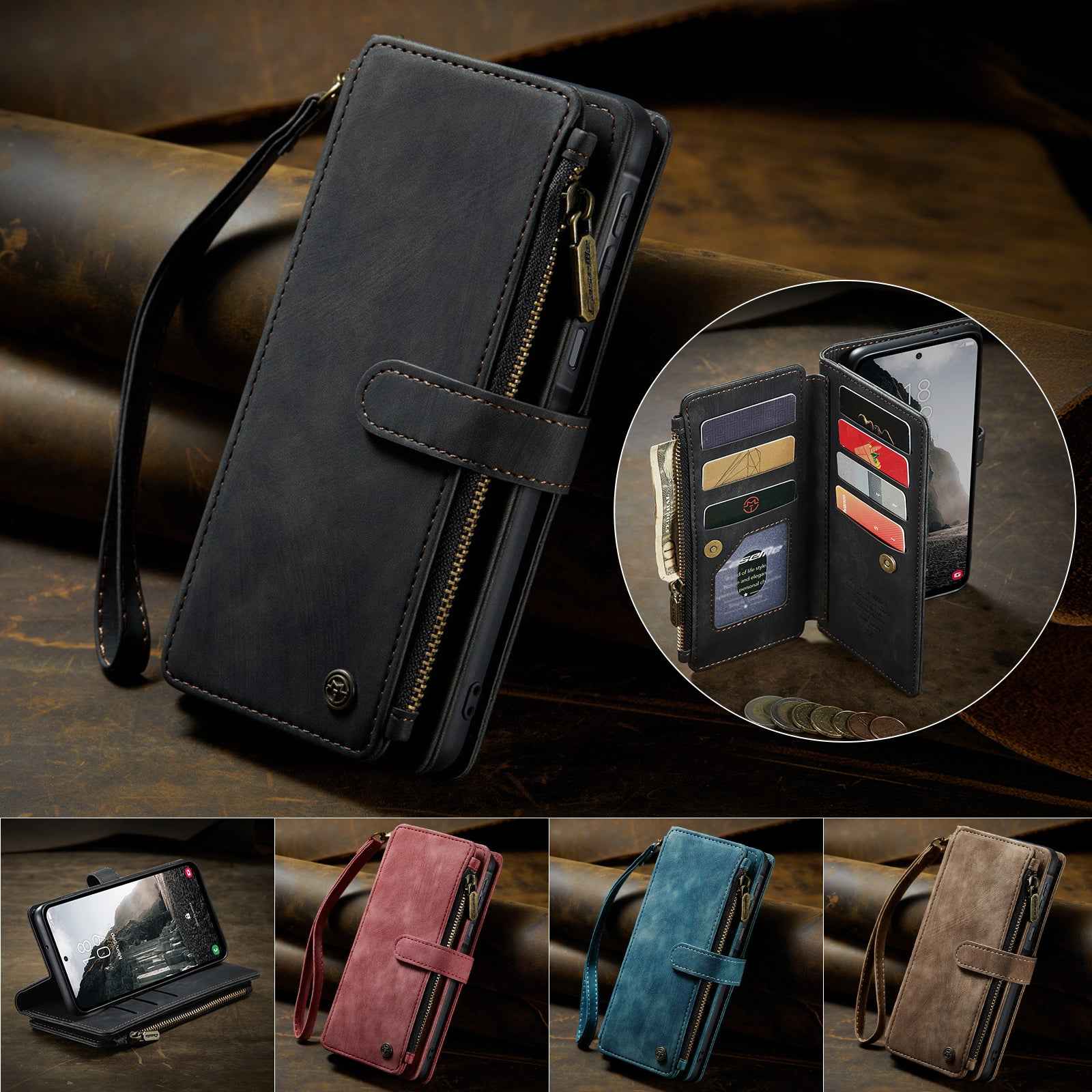 For Samsung Galaxy A57 5G Phone Cases with Strap CASEME C30 Zipper Multiple Card Holder PU Leather Cover - Black