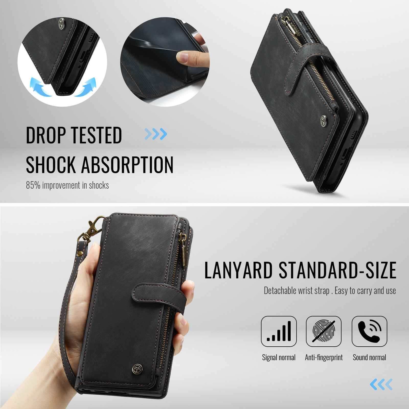 For Samsung Galaxy A57 5G Phone Cases with Strap CASEME C30 Zipper Multiple Card Holder PU Leather Cover - Black