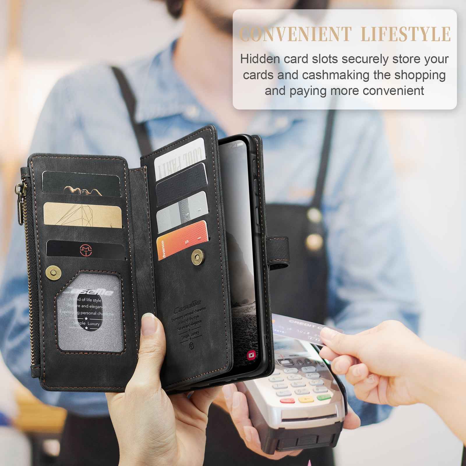 For Samsung Galaxy A57 5G Phone Cases with Strap CASEME C30 Zipper Multiple Card Holder PU Leather Cover - Black