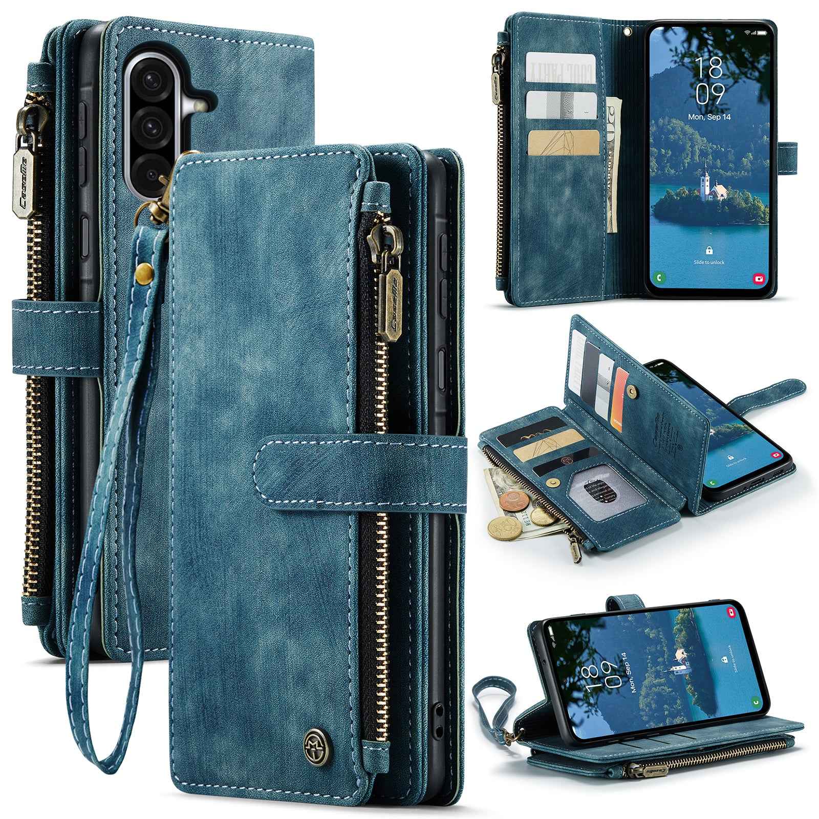 For Samsung Galaxy A57 5G Phone Cases with Strap CASEME C30 Zipper Multiple Card Holder PU Leather Cover - Blue