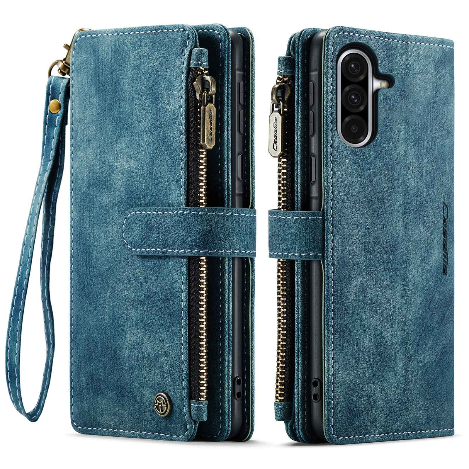 For Samsung Galaxy A57 5G Phone Cases with Strap CASEME C30 Zipper Multiple Card Holder PU Leather Cover - Blue
