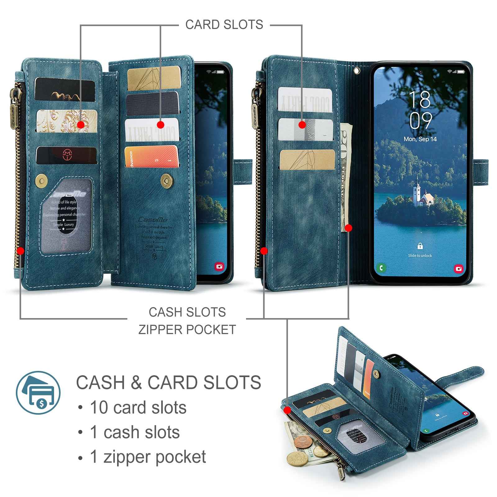 For Samsung Galaxy A57 5G Phone Cases with Strap CASEME C30 Zipper Multiple Card Holder PU Leather Cover - Blue