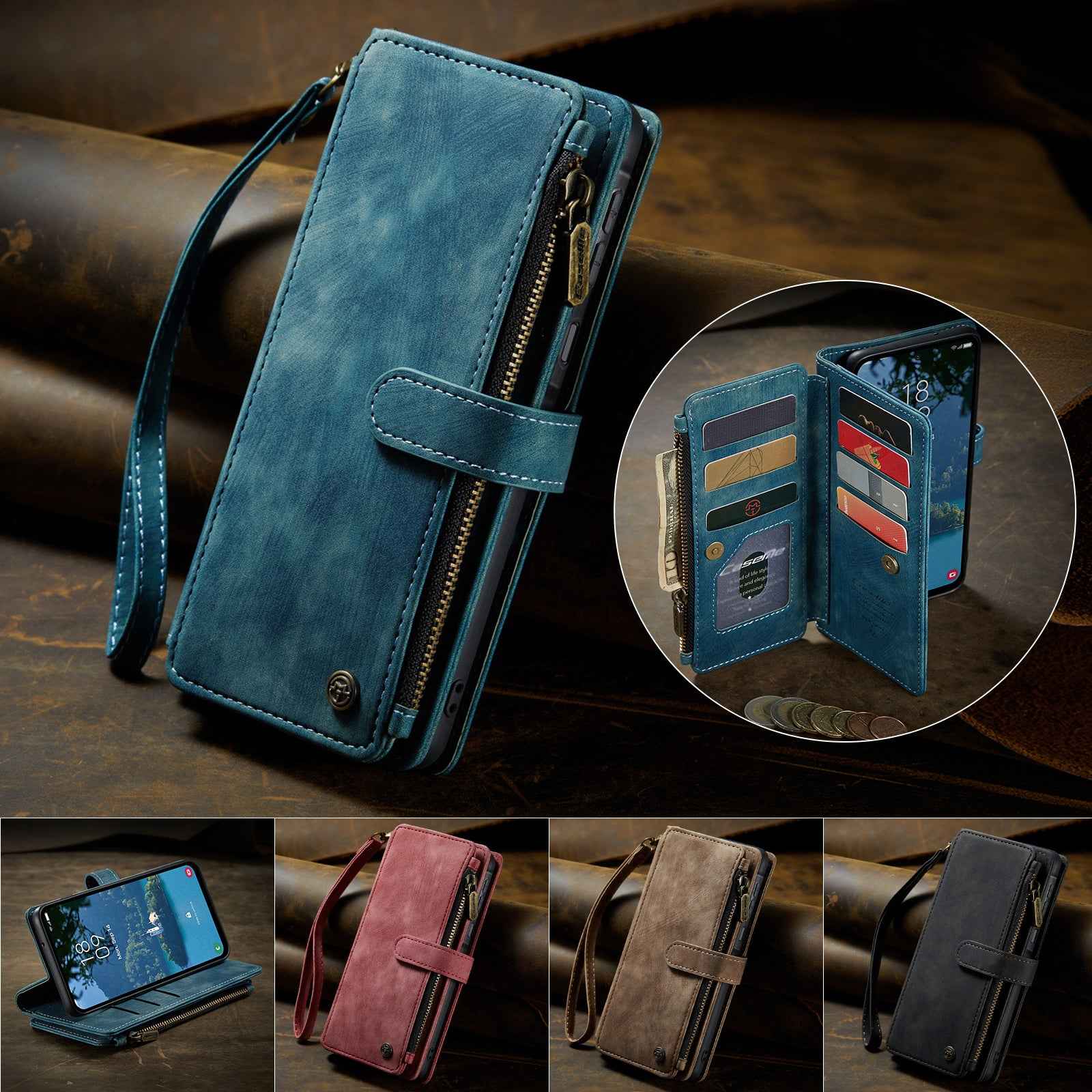 For Samsung Galaxy A57 5G Phone Cases with Strap CASEME C30 Zipper Multiple Card Holder PU Leather Cover - Blue