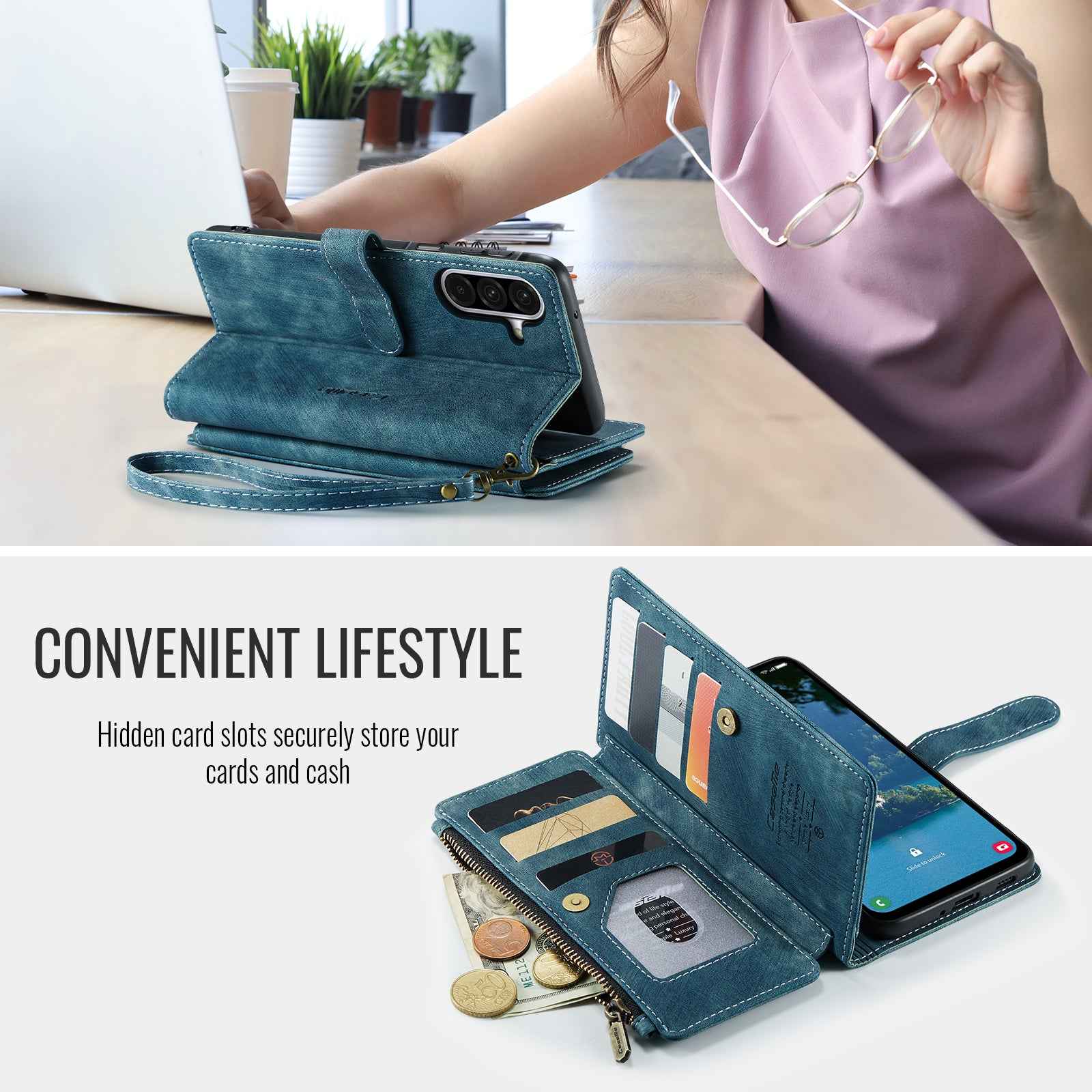 For Samsung Galaxy A57 5G Phone Cases with Strap CASEME C30 Zipper Multiple Card Holder PU Leather Cover - Blue