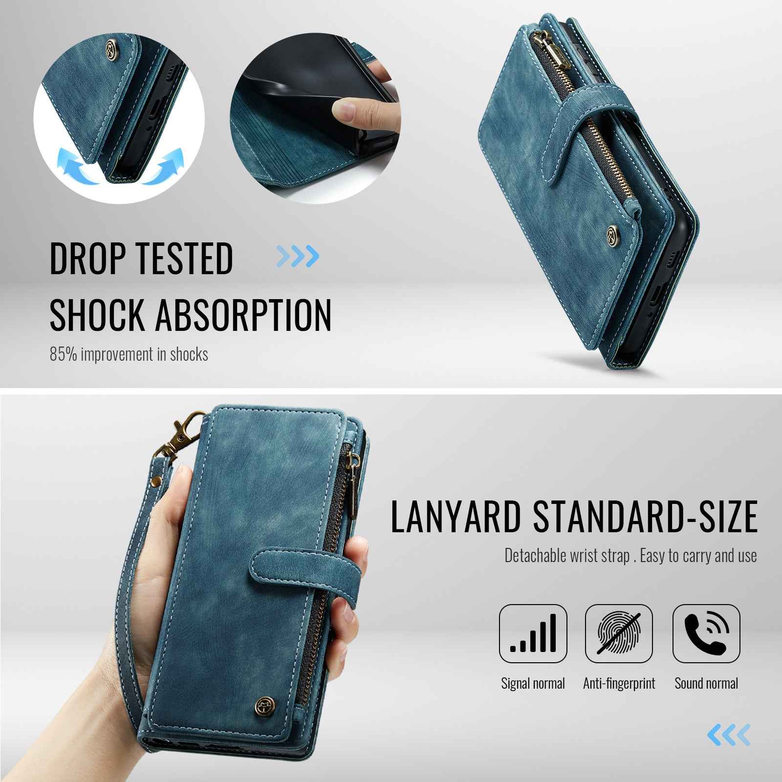 For Samsung Galaxy A57 5G Phone Cases with Strap CASEME C30 Zipper Multiple Card Holder PU Leather Cover - Blue