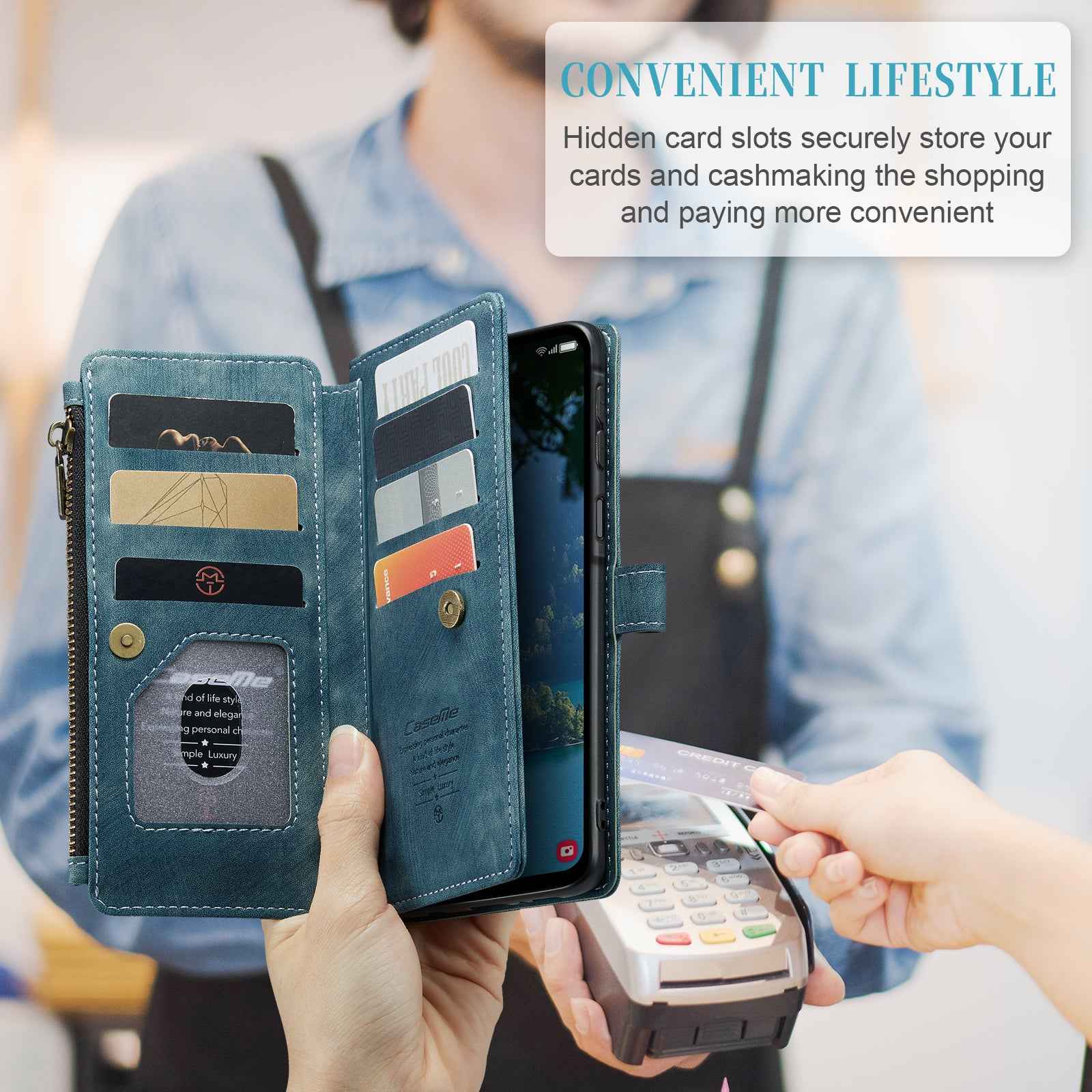 For Samsung Galaxy A57 5G Phone Cases with Strap CASEME C30 Zipper Multiple Card Holder PU Leather Cover - Blue