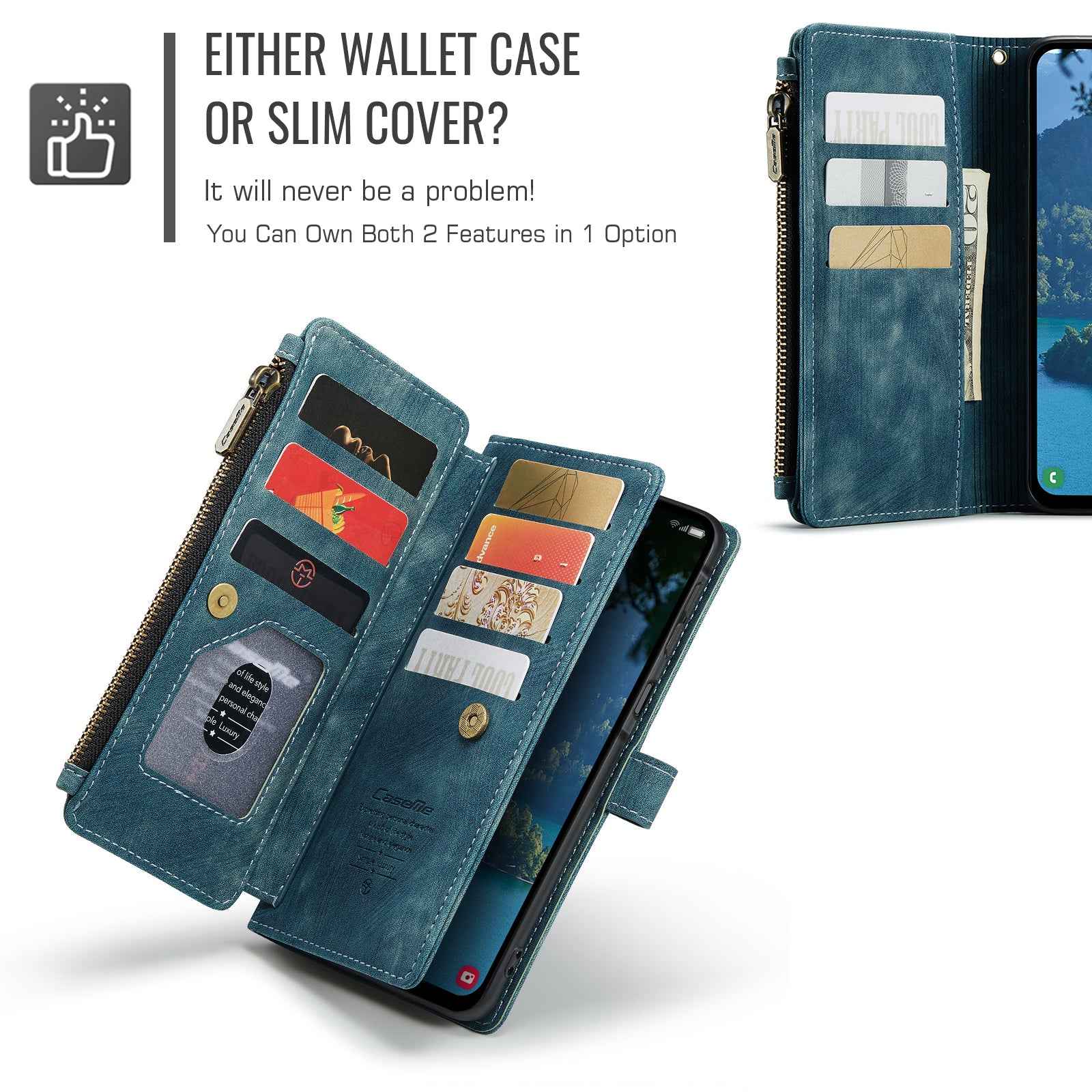 For Samsung Galaxy A57 5G Phone Cases with Strap CASEME C30 Zipper Multiple Card Holder PU Leather Cover - Blue