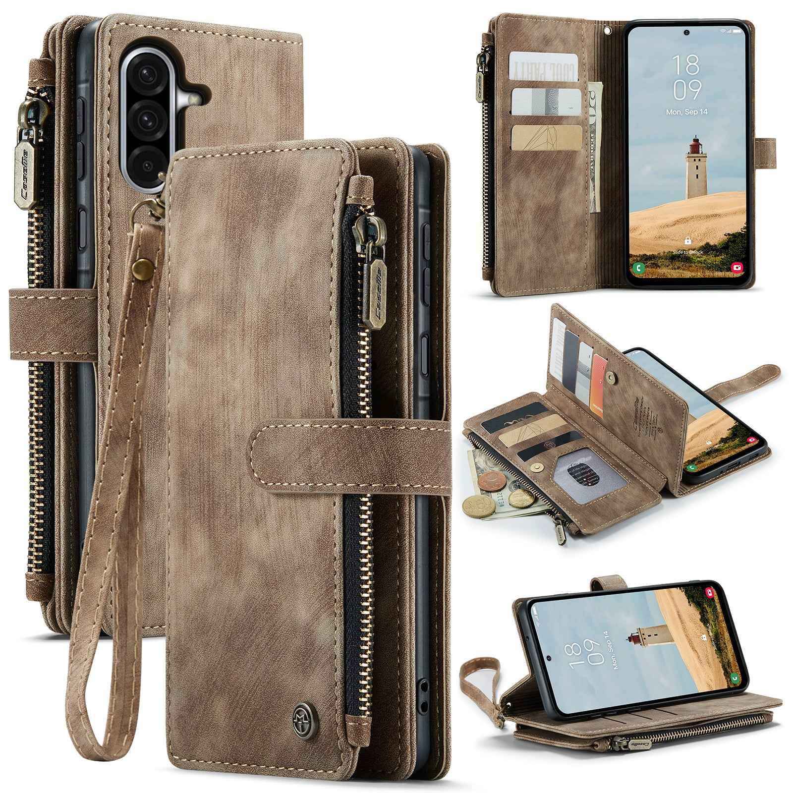 For Samsung Galaxy A57 5G Phone Cases with Strap CASEME C30 Zipper Multiple Card Holder PU Leather Cover - Brown