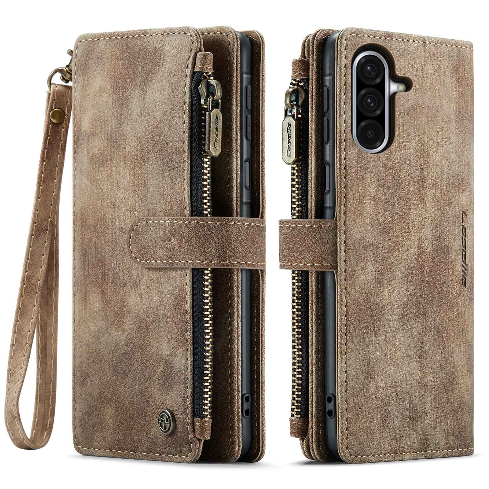For Samsung Galaxy A57 5G Phone Cases with Strap CASEME C30 Zipper Multiple Card Holder PU Leather Cover - Brown