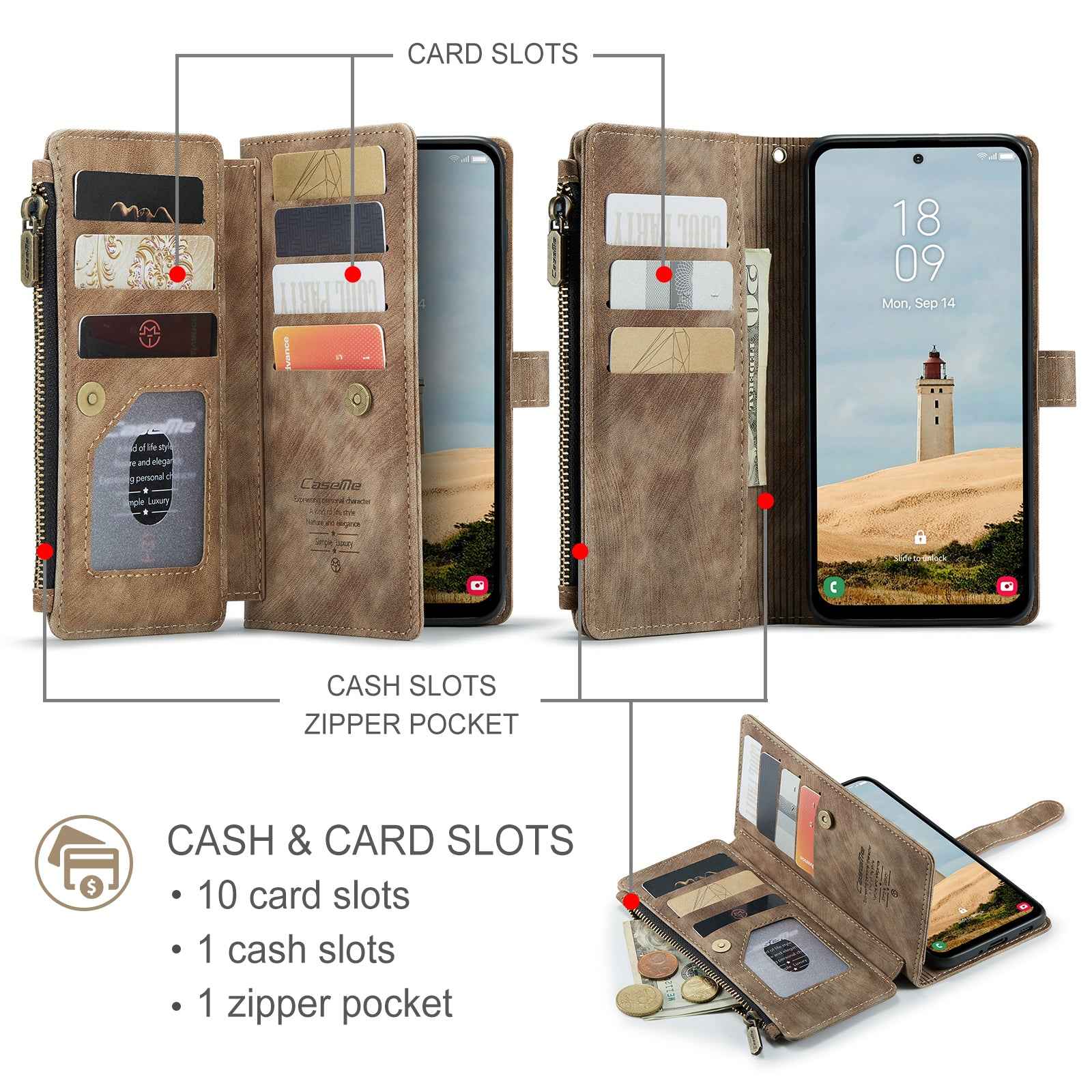 For Samsung Galaxy A57 5G Phone Cases with Strap CASEME C30 Zipper Multiple Card Holder PU Leather Cover - Brown