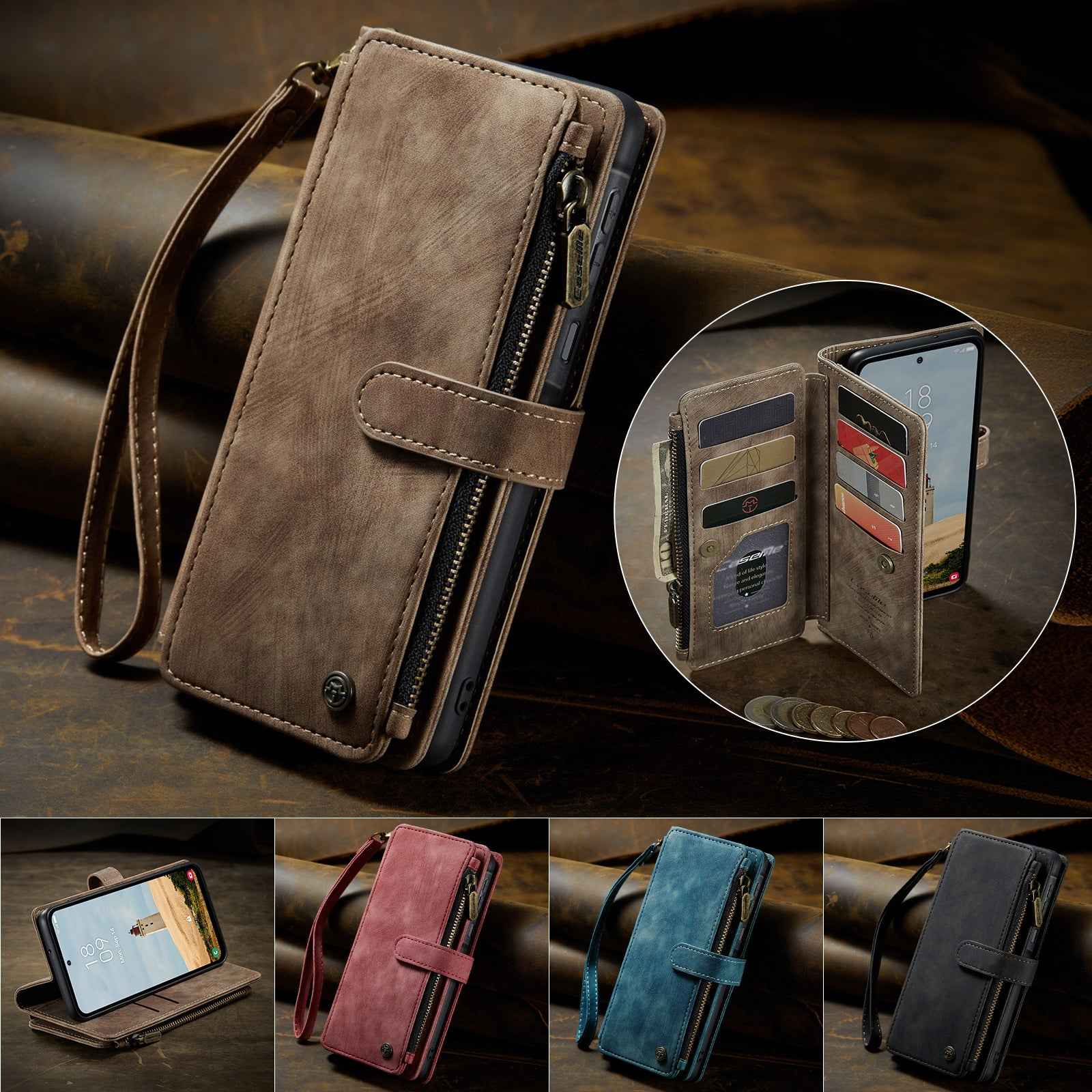 For Samsung Galaxy A57 5G Phone Cases with Strap CASEME C30 Zipper Multiple Card Holder PU Leather Cover - Brown