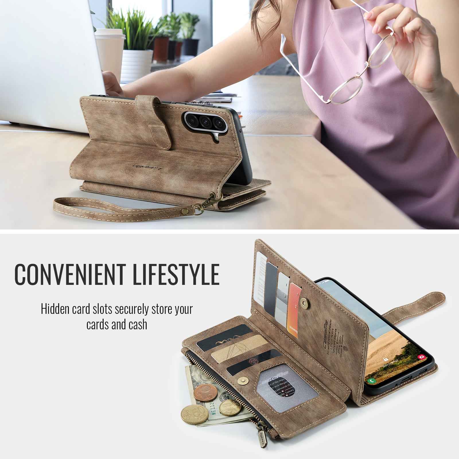 For Samsung Galaxy A57 5G Phone Cases with Strap CASEME C30 Zipper Multiple Card Holder PU Leather Cover - Brown