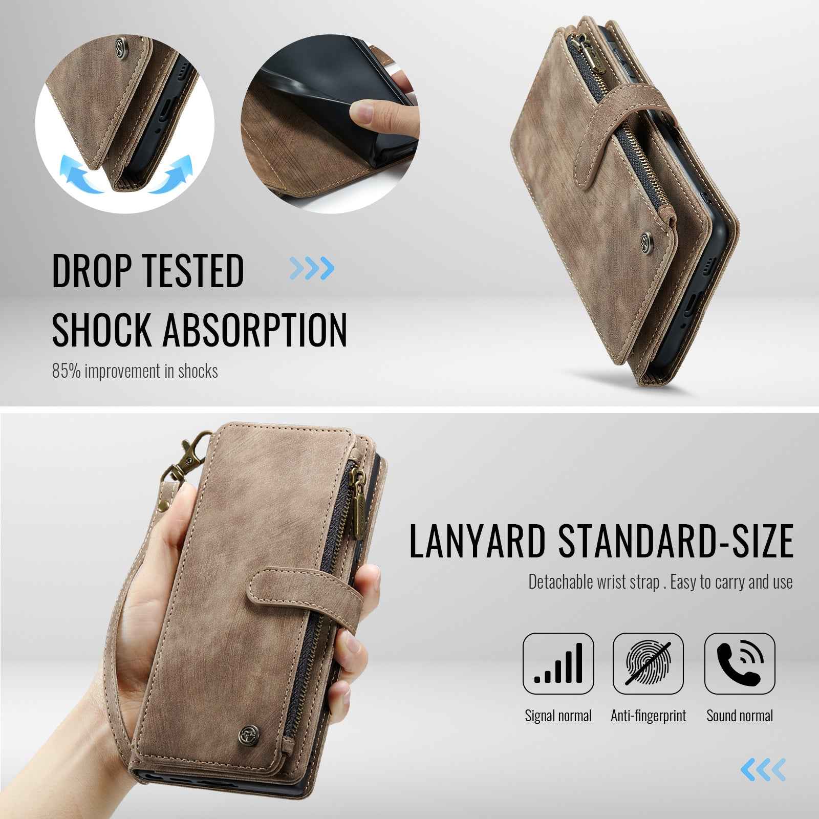For Samsung Galaxy A57 5G Phone Cases with Strap CASEME C30 Zipper Multiple Card Holder PU Leather Cover - Brown