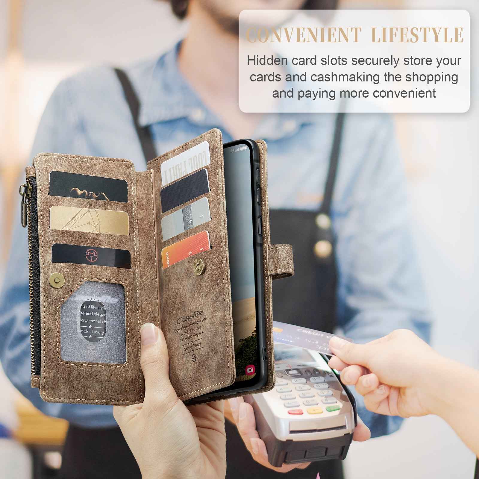For Samsung Galaxy A57 5G Phone Cases with Strap CASEME C30 Zipper Multiple Card Holder PU Leather Cover - Brown