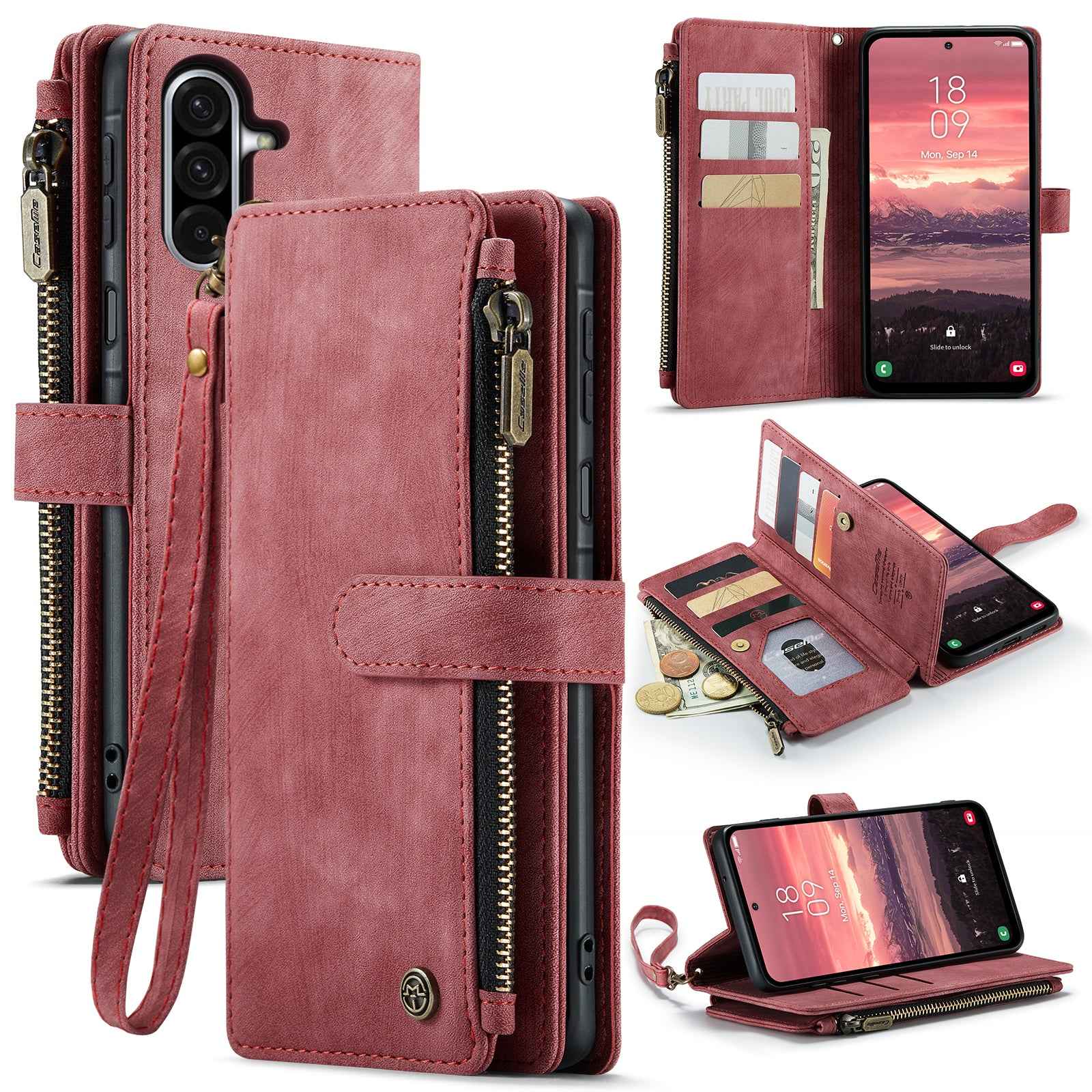For Samsung Galaxy A57 5G Phone Cases with Strap CASEME C30 Zipper Multiple Card Holder PU Leather Cover - Red