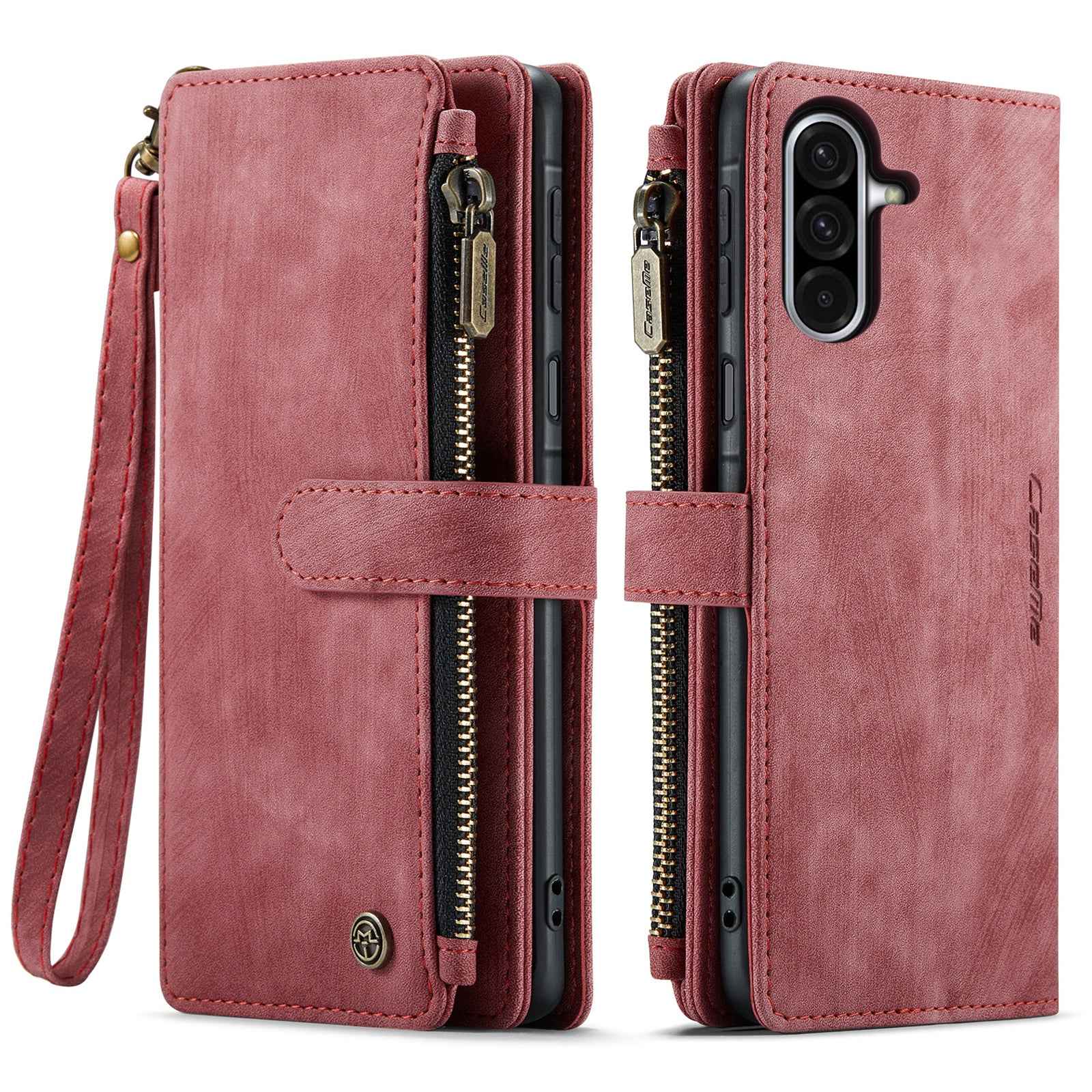 For Samsung Galaxy A57 5G Phone Cases with Strap CASEME C30 Zipper Multiple Card Holder PU Leather Cover - Red