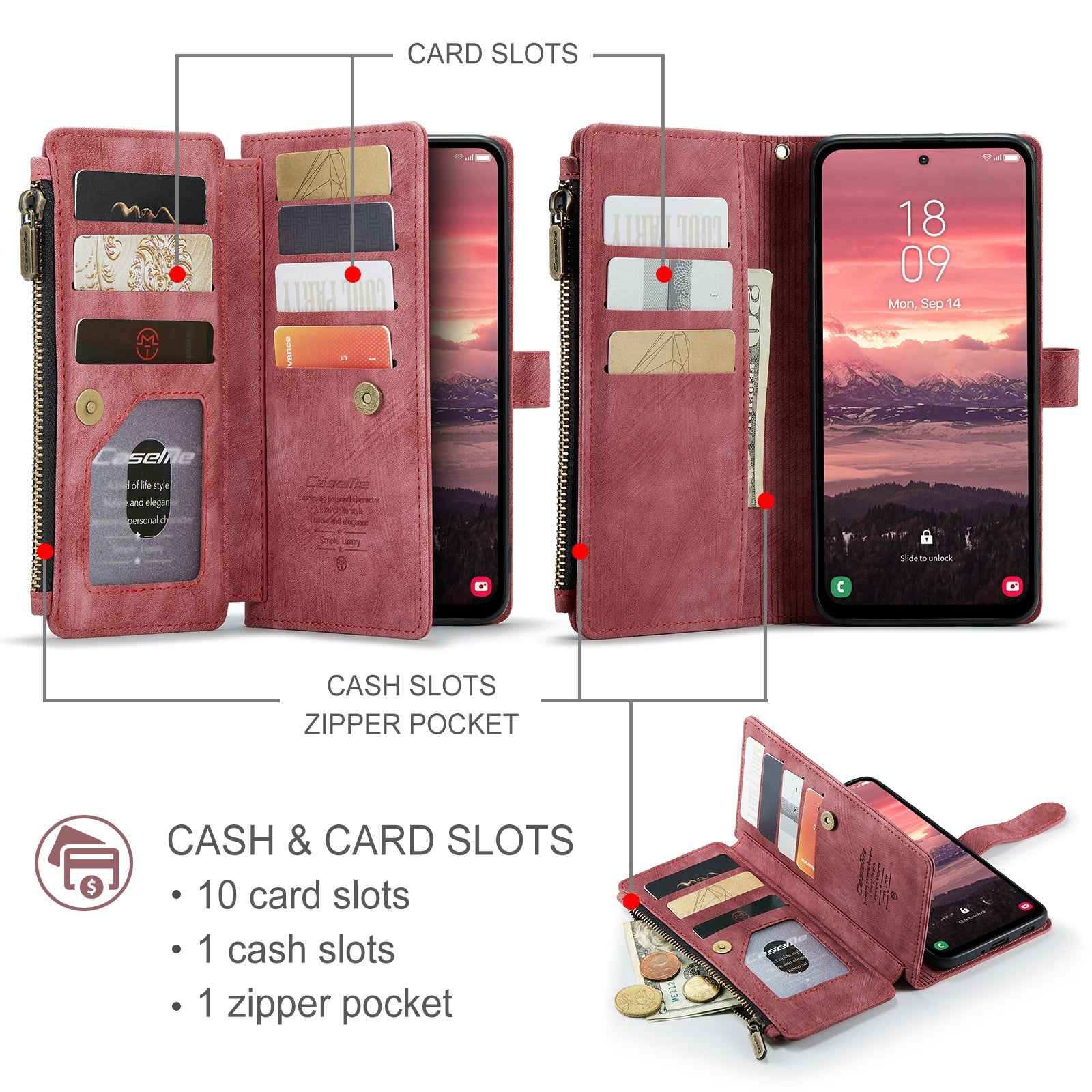 For Samsung Galaxy A57 5G Phone Cases with Strap CASEME C30 Zipper Multiple Card Holder PU Leather Cover - Red