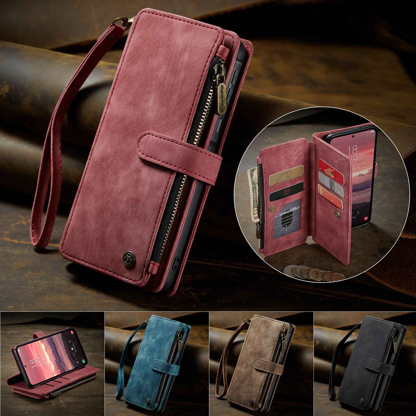 For Samsung Galaxy A57 5G Phone Cases with Strap CASEME C30 Zipper Multiple Card Holder PU Leather Cover - Red