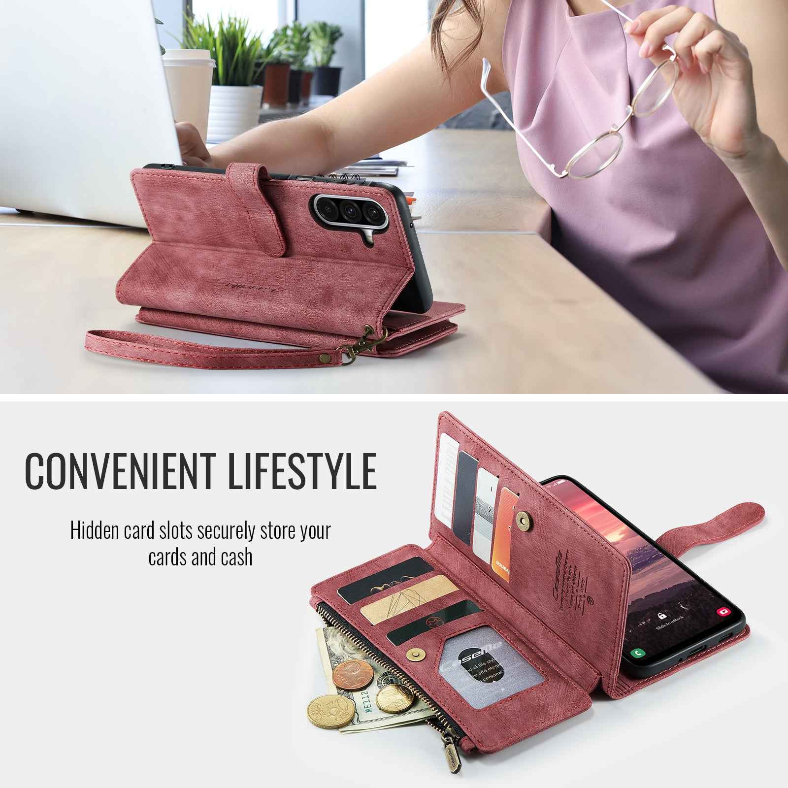 For Samsung Galaxy A57 5G Phone Cases with Strap CASEME C30 Zipper Multiple Card Holder PU Leather Cover - Red