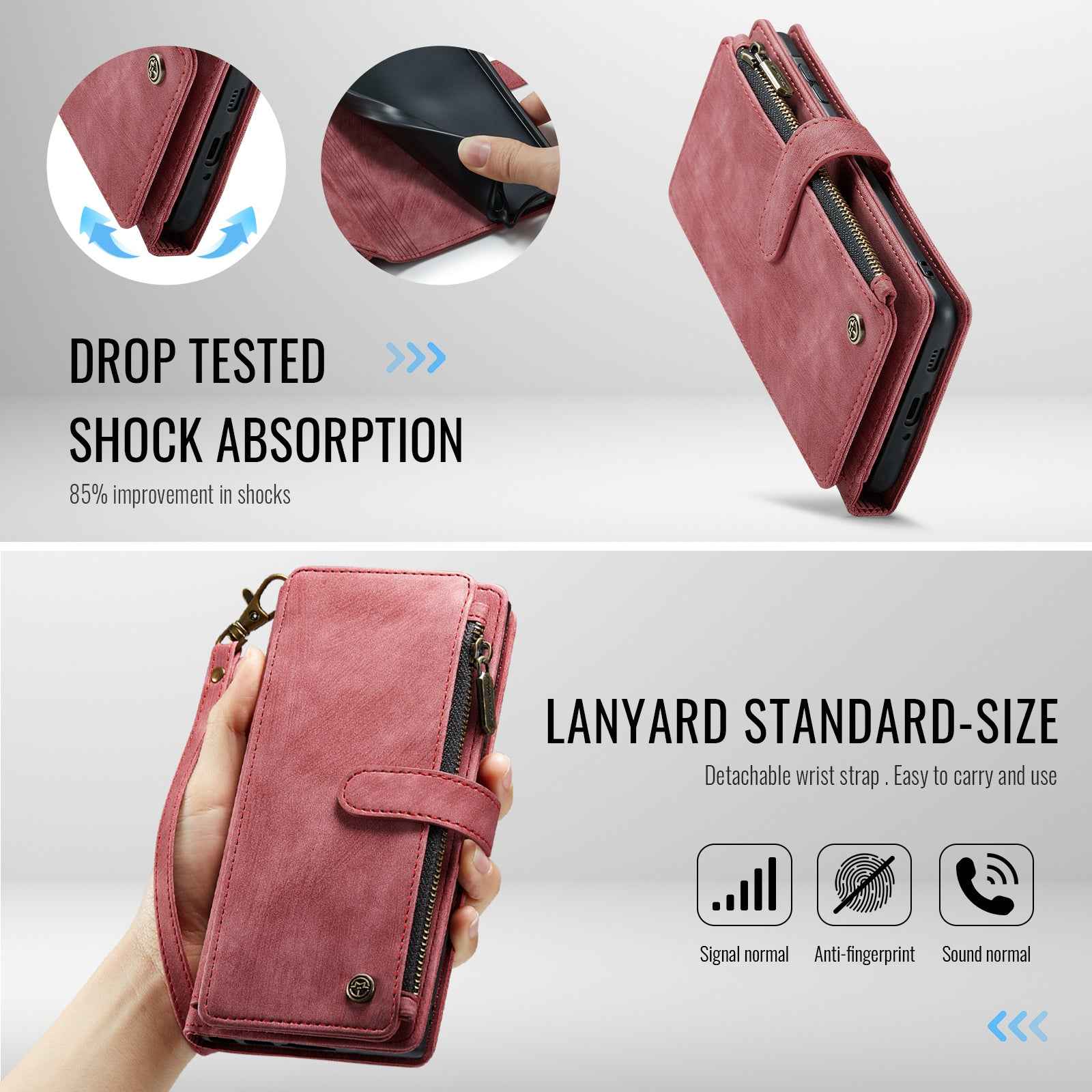 For Samsung Galaxy A57 5G Phone Cases with Strap CASEME C30 Zipper Multiple Card Holder PU Leather Cover - Red