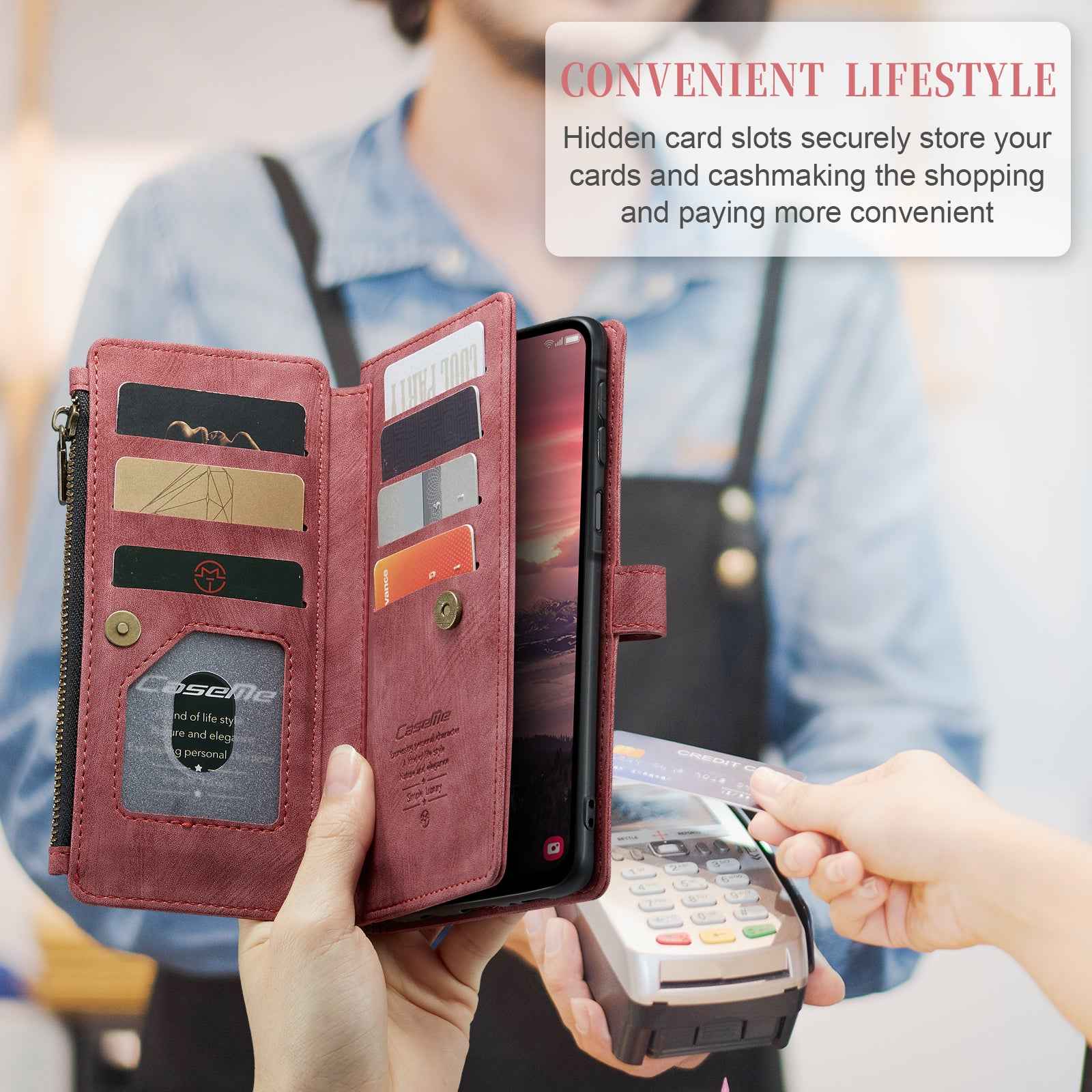 For Samsung Galaxy A57 5G Phone Cases with Strap CASEME C30 Zipper Multiple Card Holder PU Leather Cover - Red