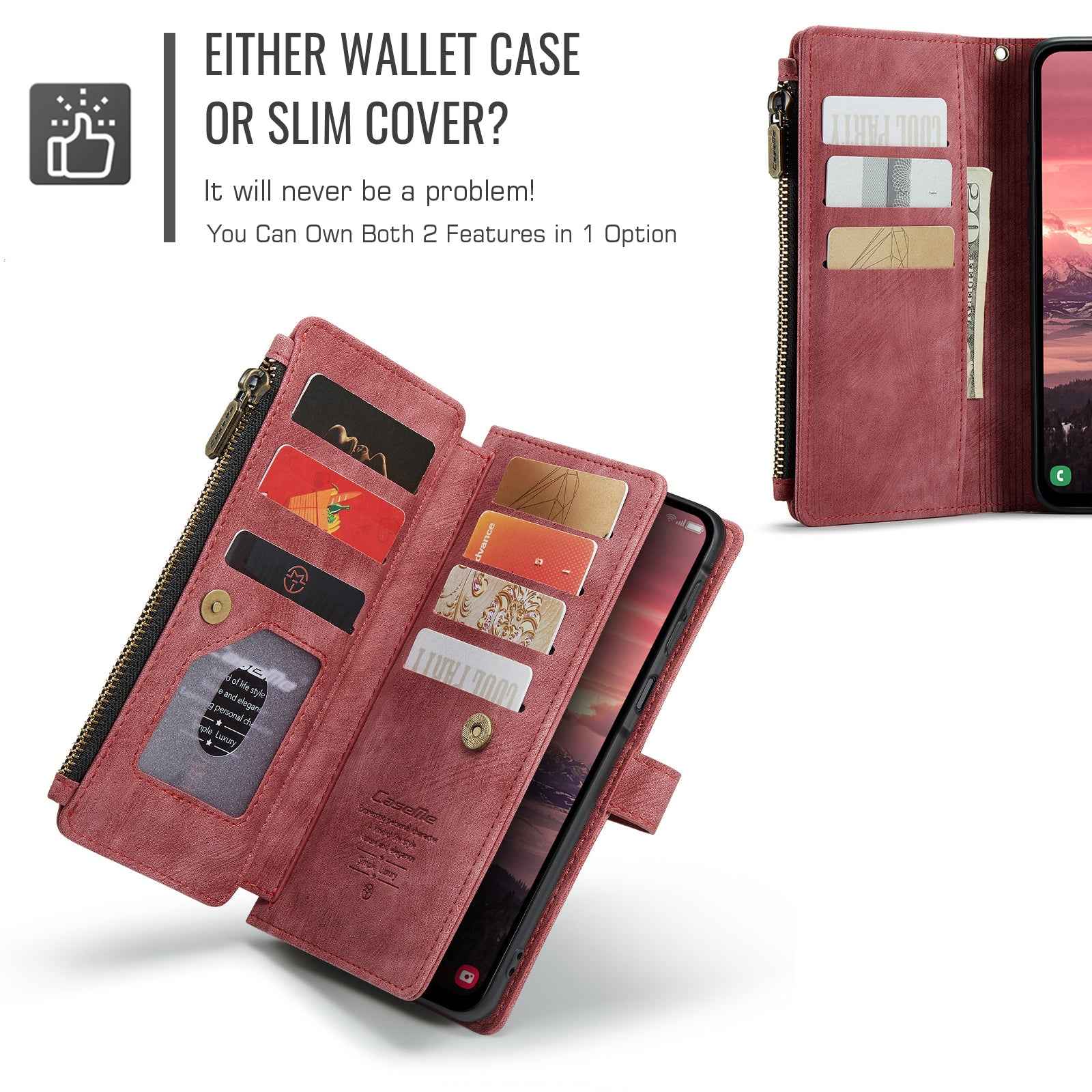 For Samsung Galaxy A57 5G Phone Cases with Strap CASEME C30 Zipper Multiple Card Holder PU Leather Cover - Red