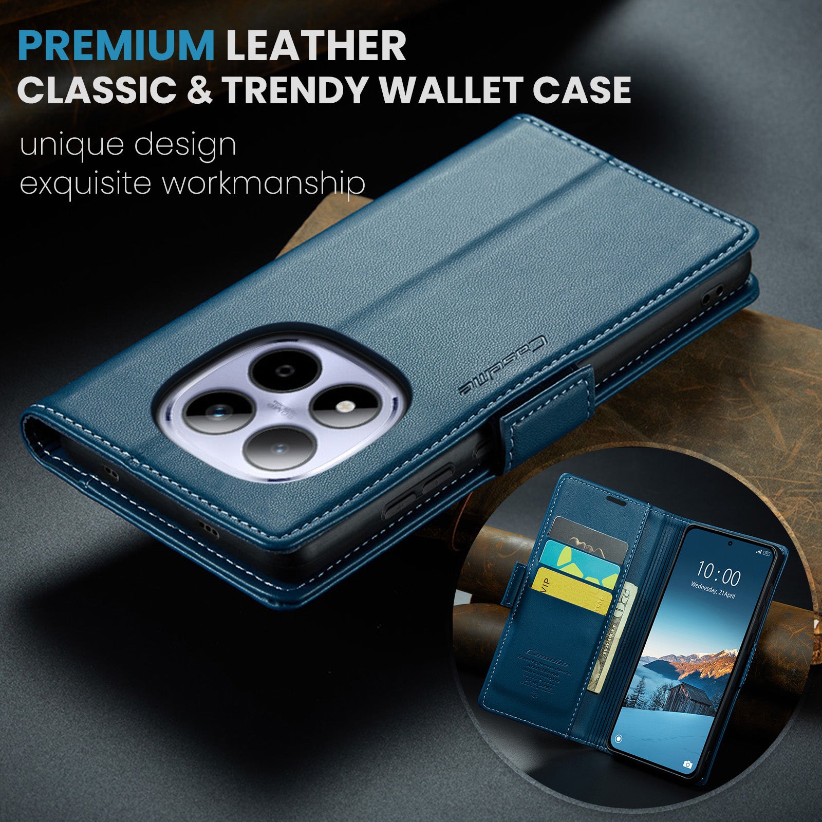 For Xiaomi Redmi Note 15 Pro 4G (Global) Case CASEME 023 Series RFID Blocking Wallet Stand Glossy Litchi Texture Leather Phone Cover - Blue