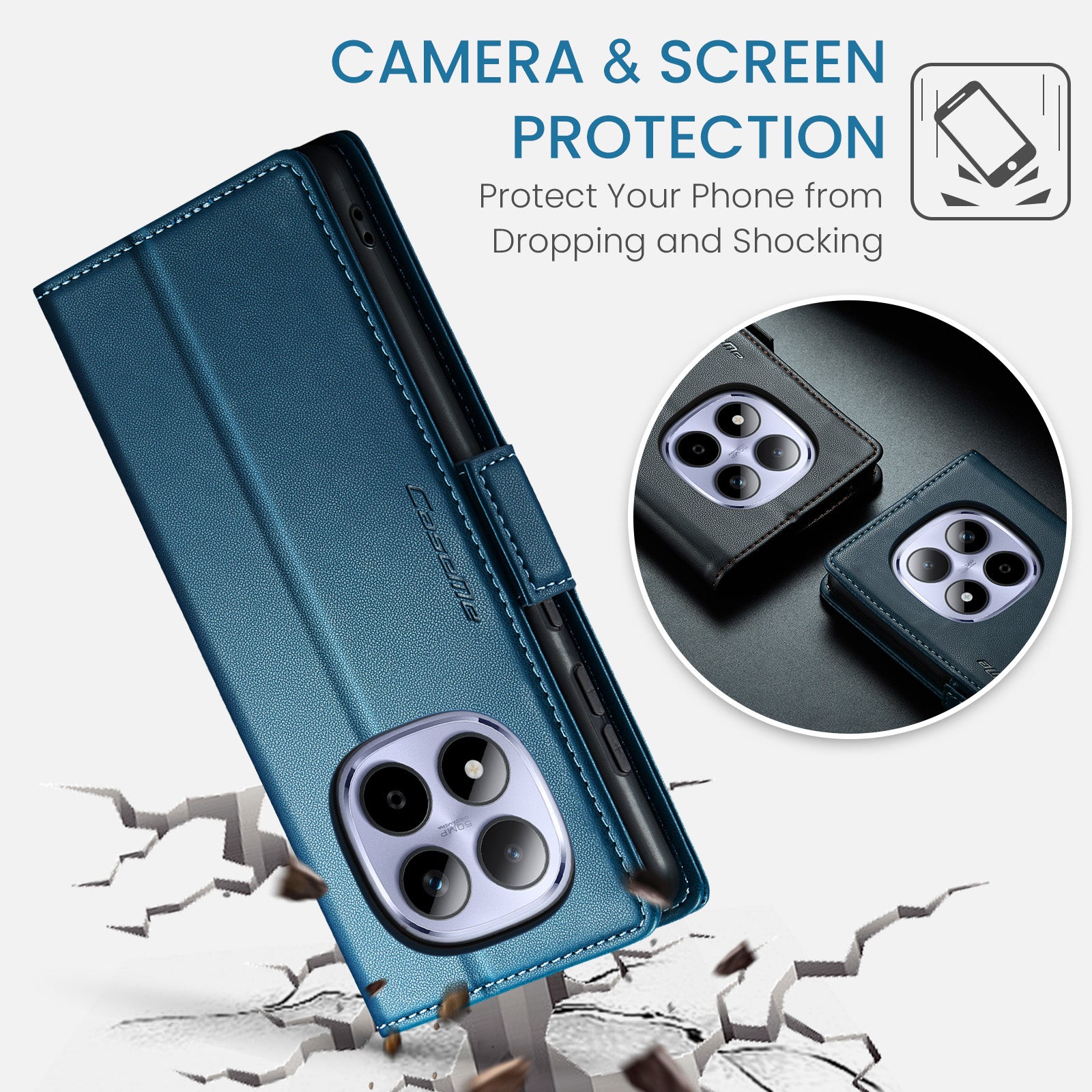 For Xiaomi Redmi Note 15 Pro 4G (Global) Case CASEME 023 Series RFID Blocking Wallet Stand Glossy Litchi Texture Leather Phone Cover - Blue