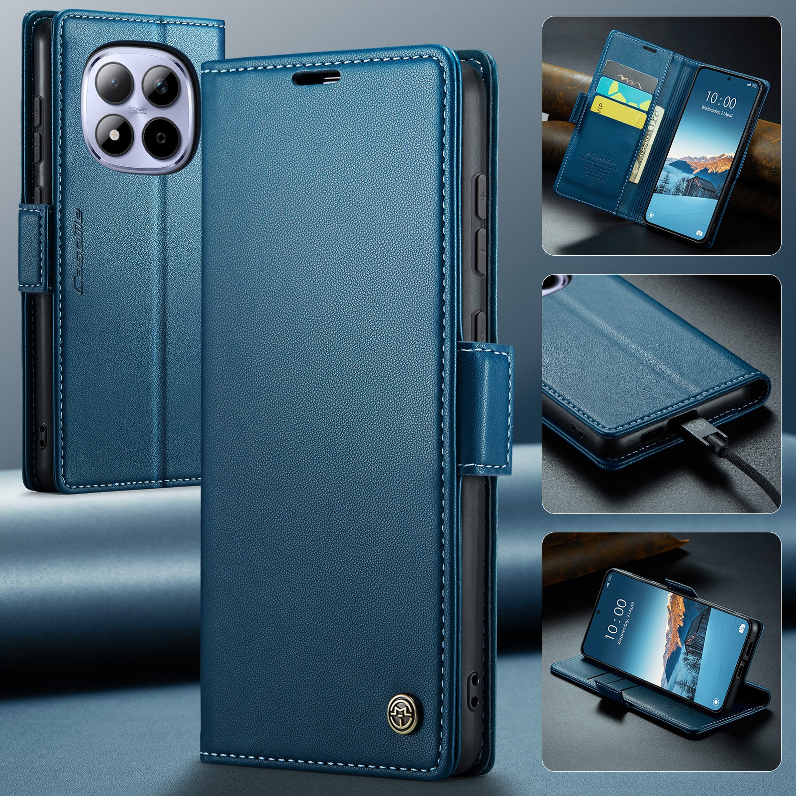 For Xiaomi Redmi Note 15 Pro 4G (Global) Case CASEME 023 Series RFID Blocking Wallet Stand Glossy Litchi Texture Leather Phone Cover - Blue