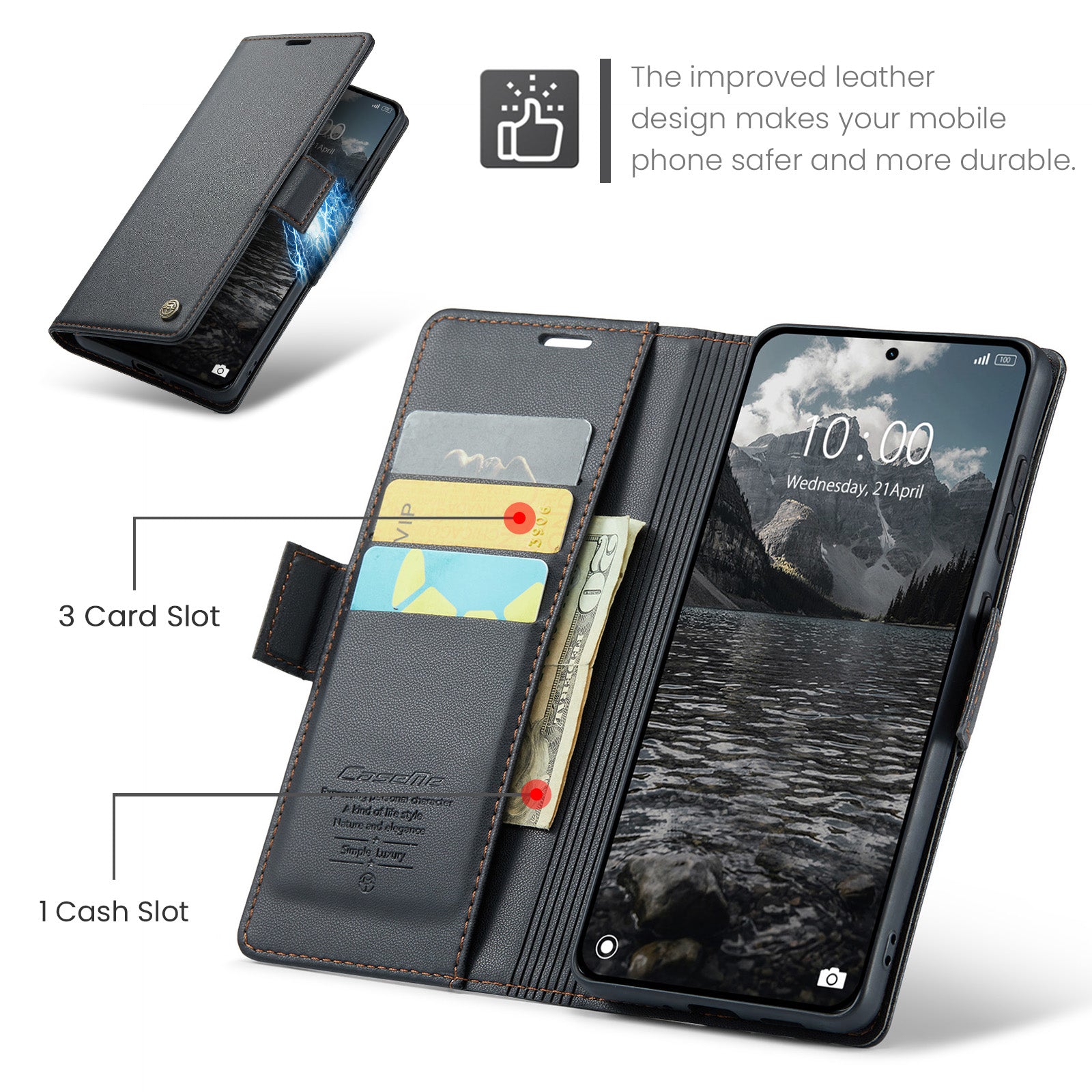 For Xiaomi Redmi Note 15 Pro 4G (Global) Case CASEME 023 Series RFID Blocking Wallet Stand Glossy Litchi Texture Leather Phone Cover - Black