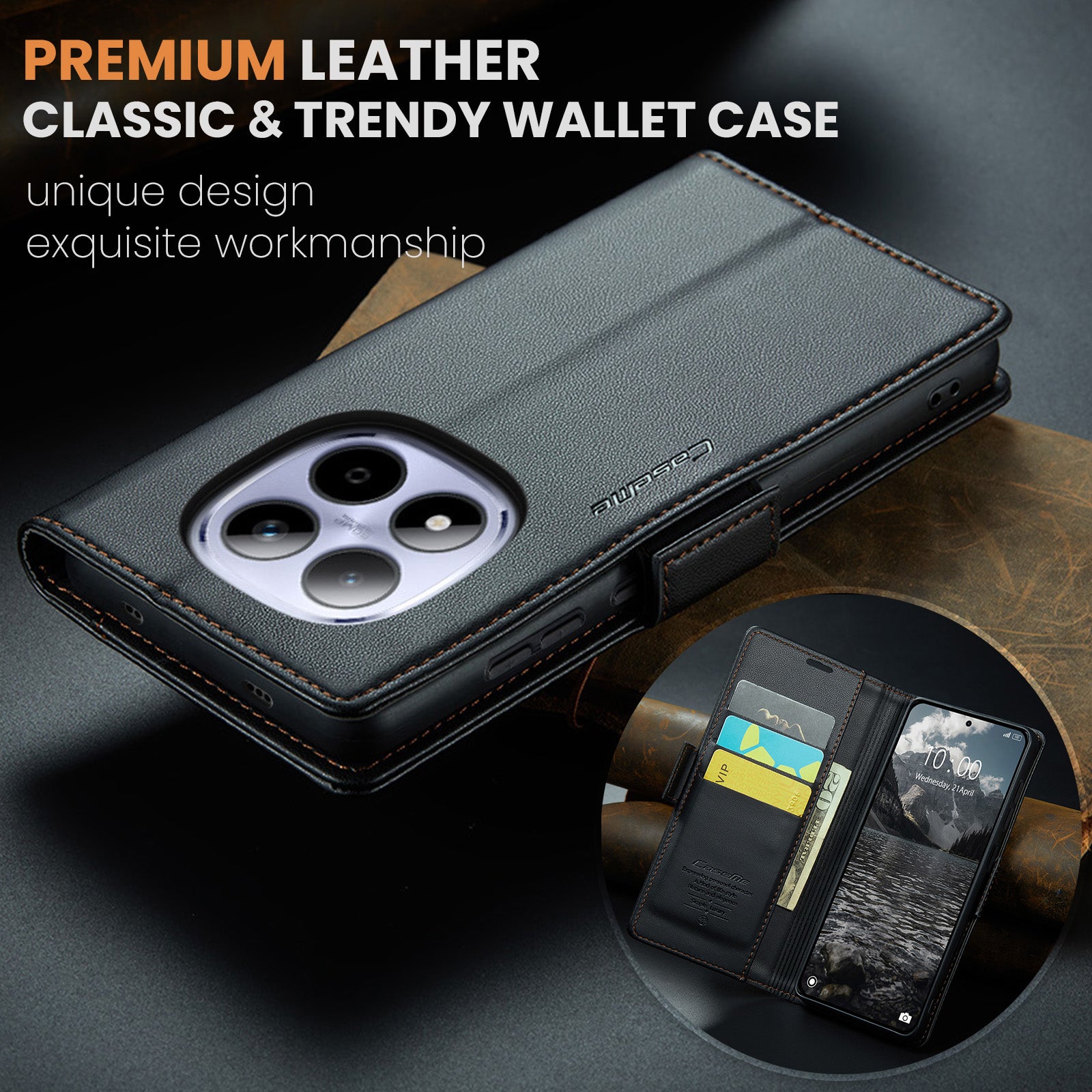 For Xiaomi Redmi Note 15 Pro 4G (Global) Case CASEME 023 Series RFID Blocking Wallet Stand Glossy Litchi Texture Leather Phone Cover - Black