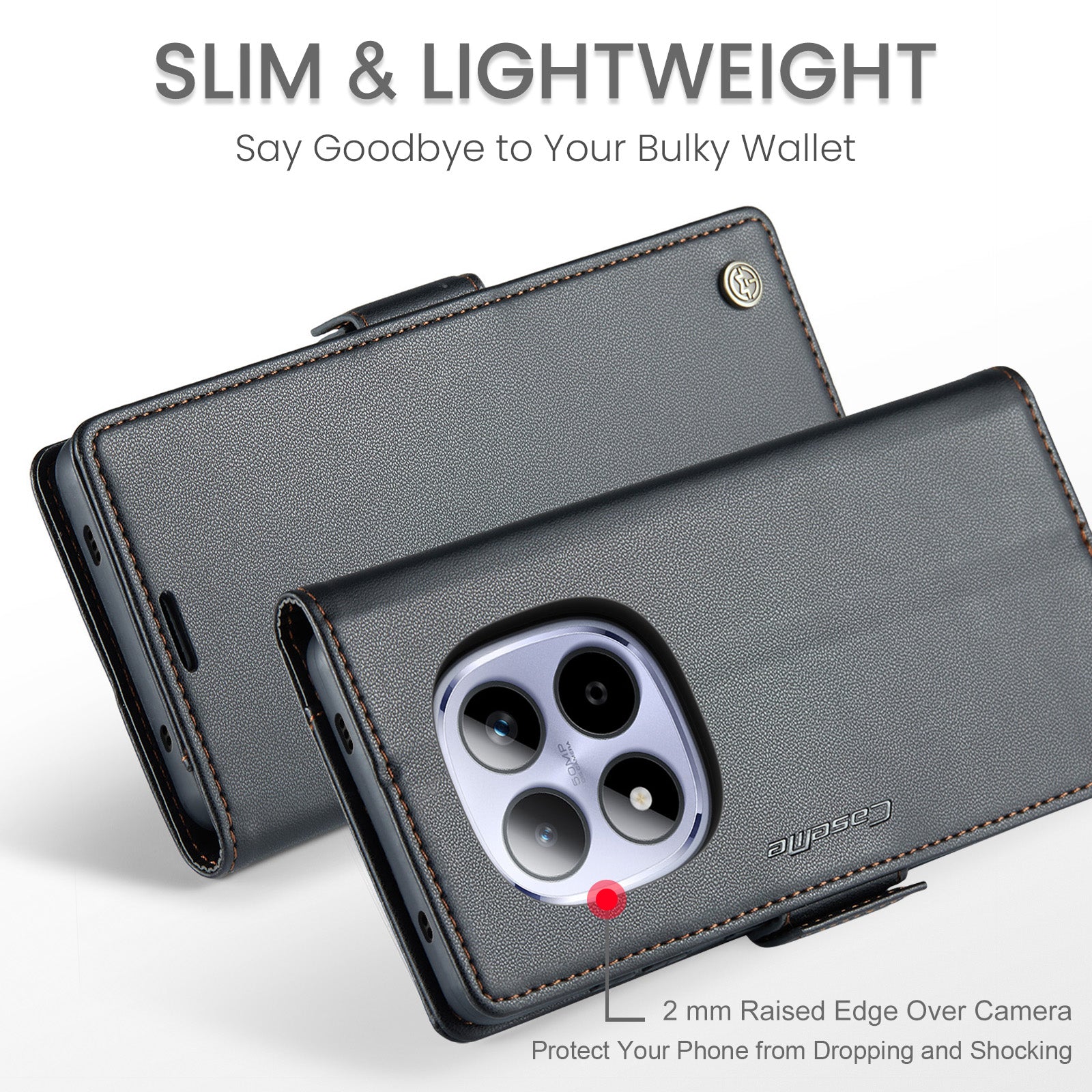 For Xiaomi Redmi Note 15 Pro 4G (Global) Case CASEME 023 Series RFID Blocking Wallet Stand Glossy Litchi Texture Leather Phone Cover - Black