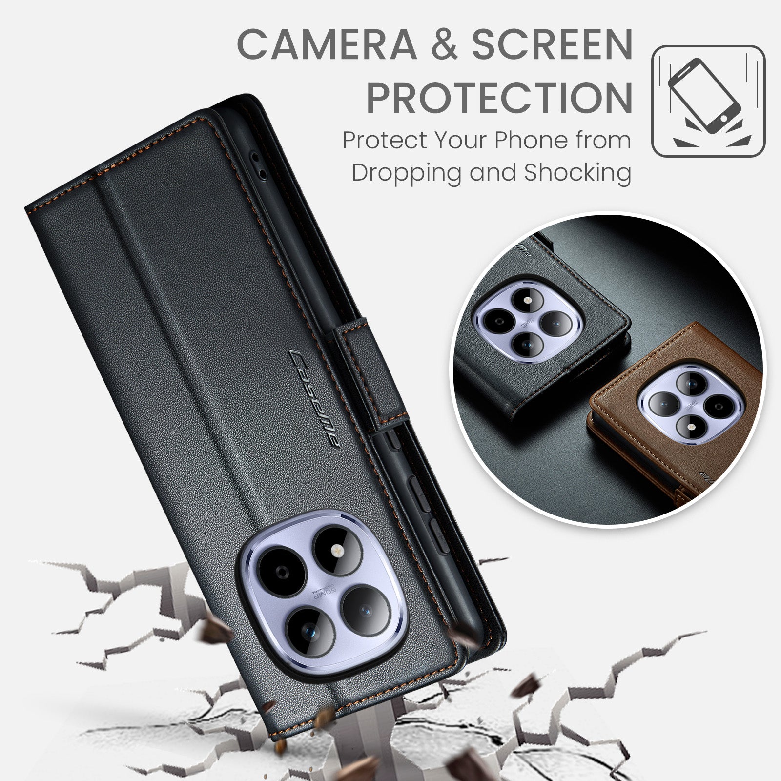 For Xiaomi Redmi Note 15 Pro 4G (Global) Case CASEME 023 Series RFID Blocking Wallet Stand Glossy Litchi Texture Leather Phone Cover - Black