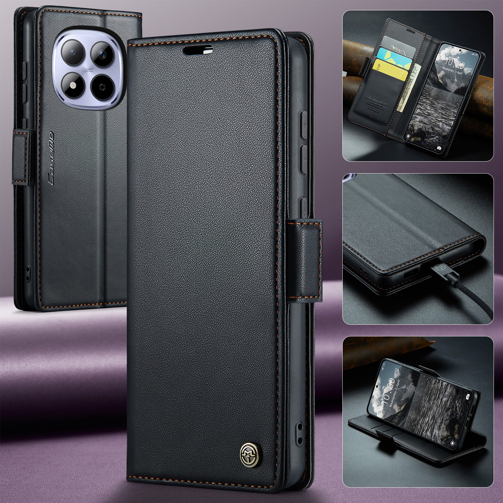For Xiaomi Redmi Note 15 Pro 4G (Global) Case CASEME 023 Series RFID Blocking Wallet Stand Glossy Litchi Texture Leather Phone Cover - Black