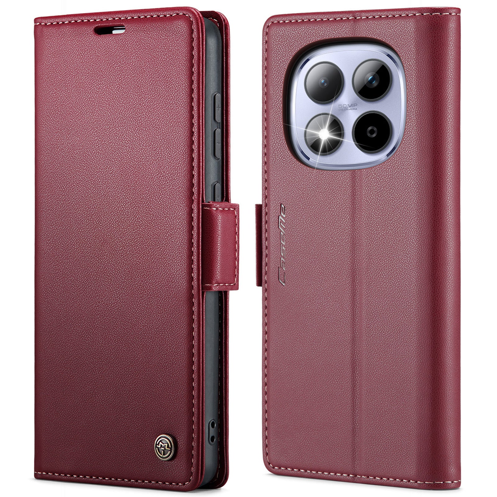 For Xiaomi Redmi Note 15 Pro 4G (Global) Case CASEME 023 Series RFID Blocking Wallet Stand Glossy Litchi Texture Leather Phone Cover - Red