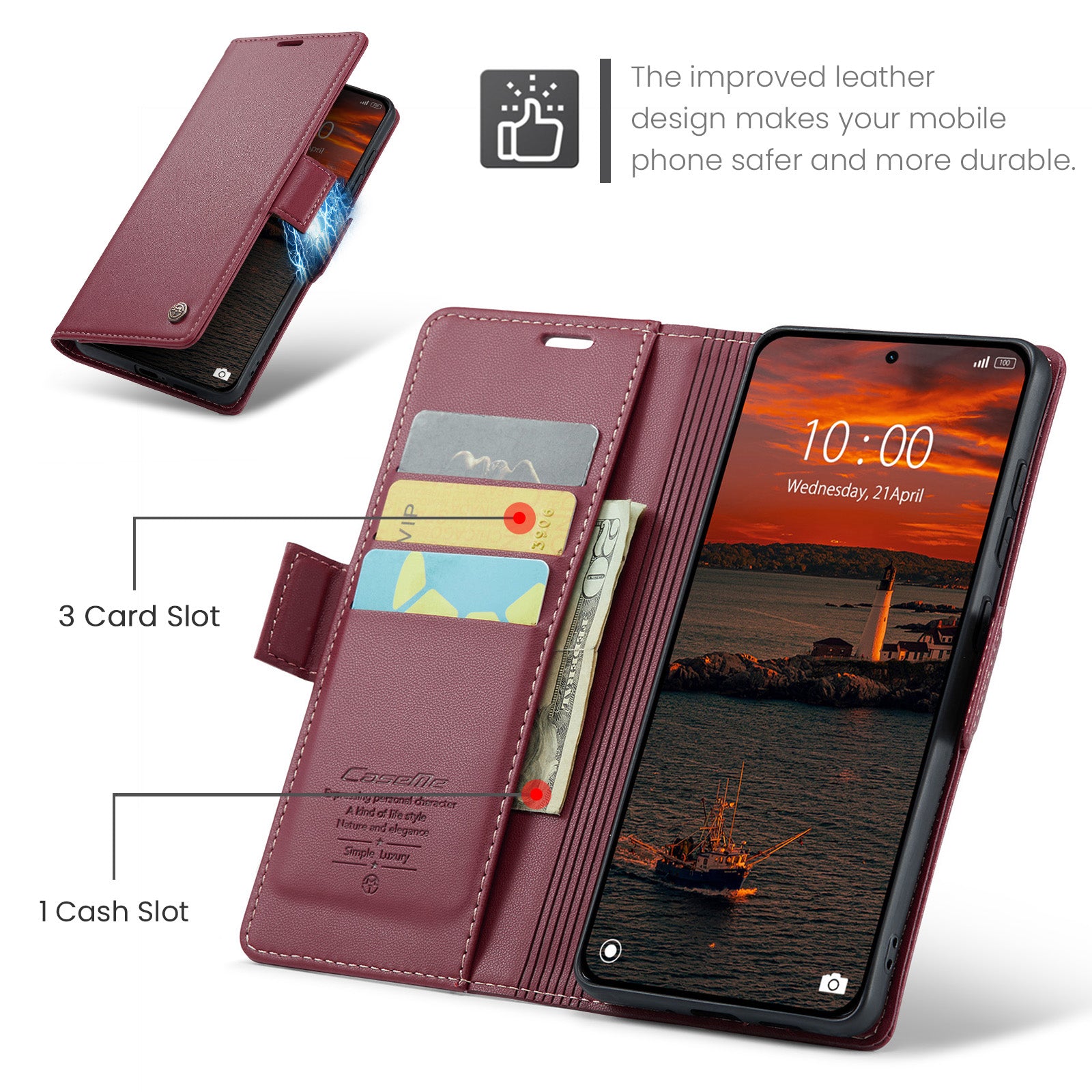 For Xiaomi Redmi Note 15 Pro 4G (Global) Case CASEME 023 Series RFID Blocking Wallet Stand Glossy Litchi Texture Leather Phone Cover - Red