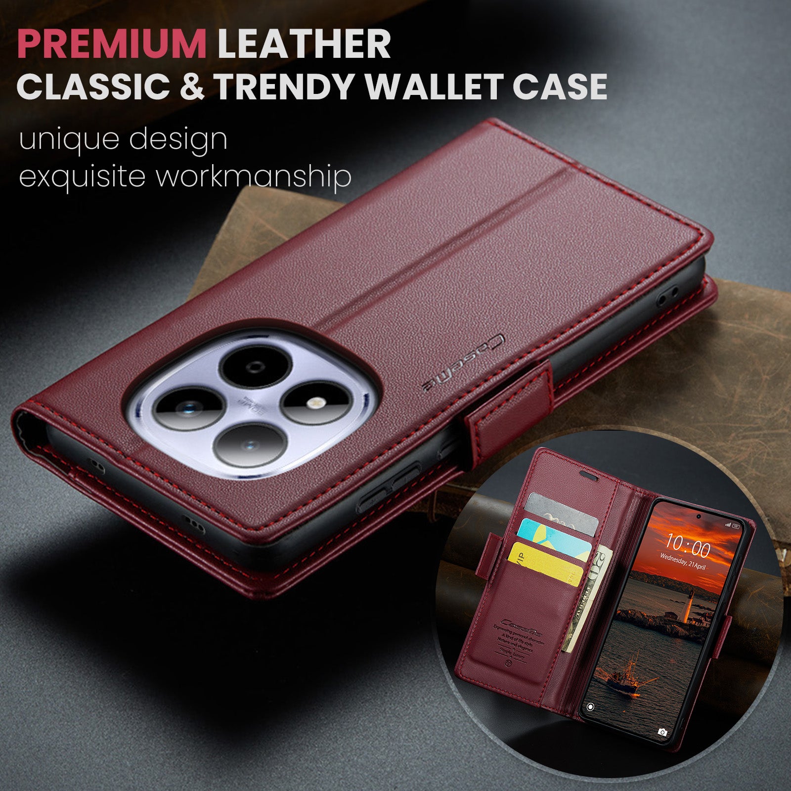 For Xiaomi Redmi Note 15 Pro 4G (Global) Case CASEME 023 Series RFID Blocking Wallet Stand Glossy Litchi Texture Leather Phone Cover - Red